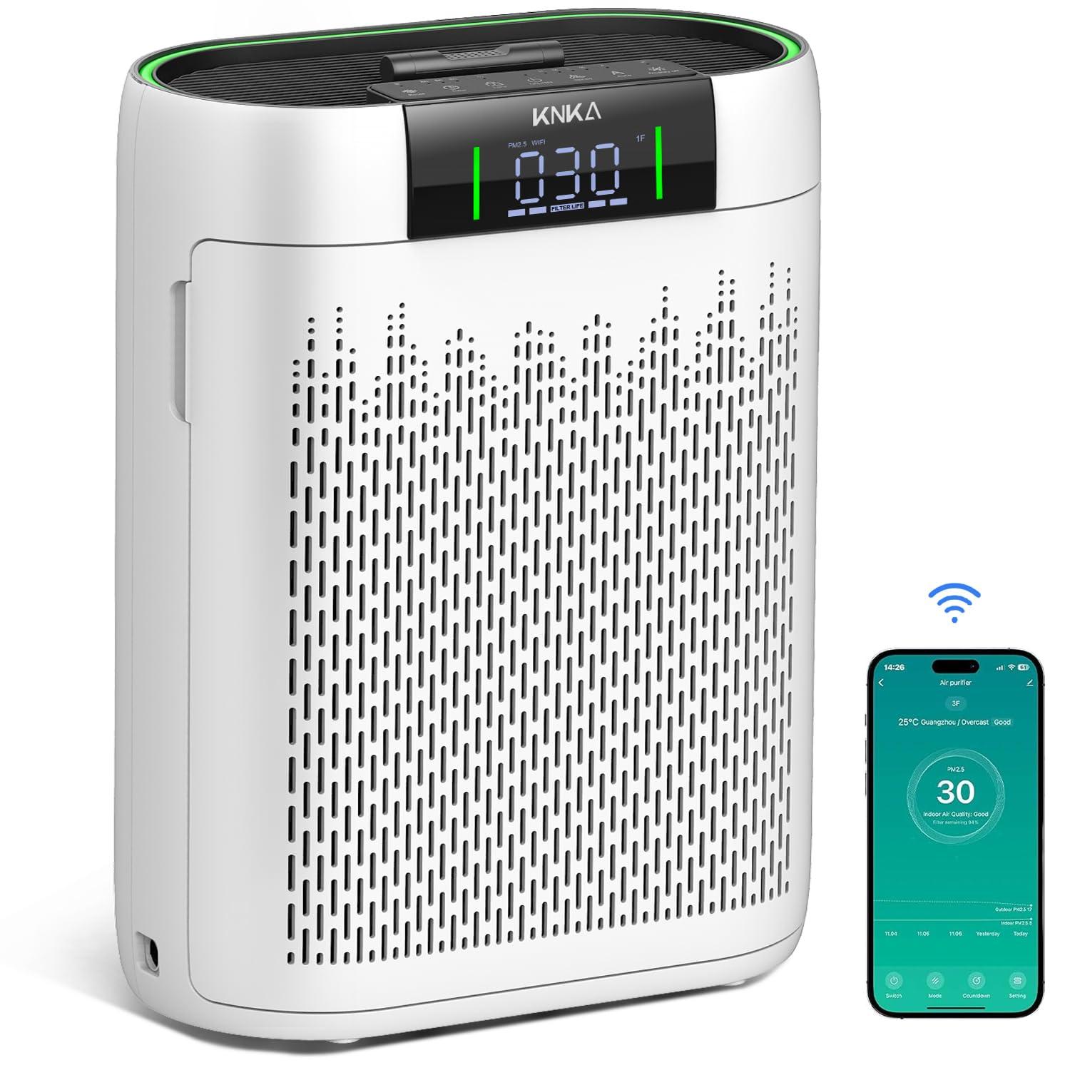 KNKA Air Purifier, HEPA Air Purifiers for Large Rooms up to 2500 Sq. ft., Air Cleaner with Air Quality Monitor, Smart WiFi, and Aromatherapy, for Allergies, Pets, Odors, Dust, Pollen, and Smoke