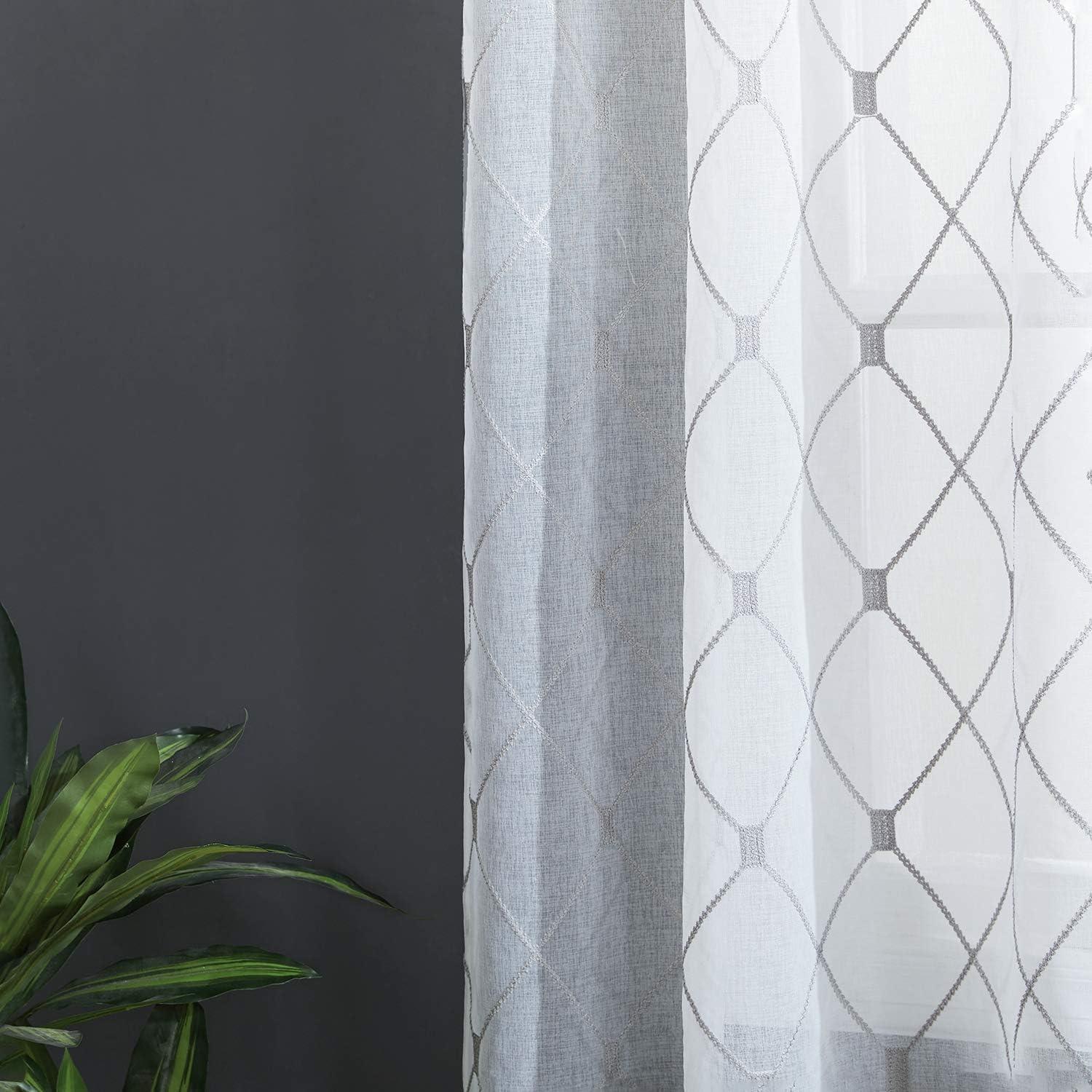 White and Grey Sheer Linen Grommet Curtain Panels