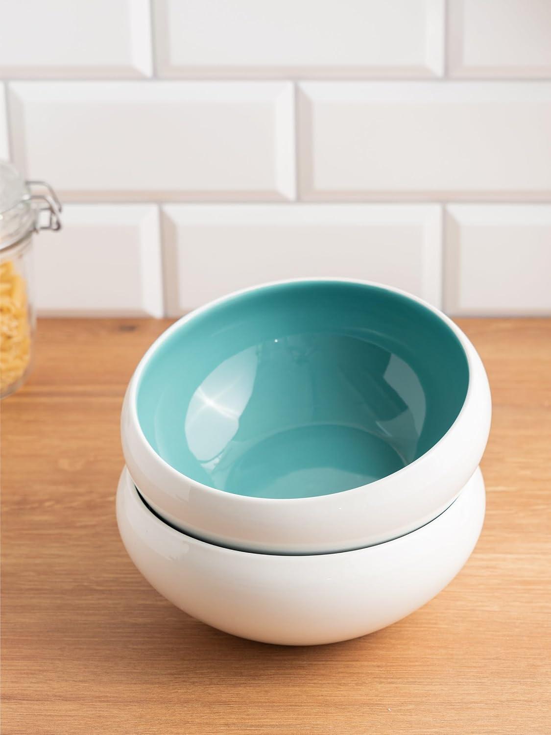 Porcelain Salad Bowls 7.2 x 3 in. Set Of 4 - Serving Bowl for Soup, Dessert, Ice Cream. Stackable Bowls for Oatmeal - Microwave, Oven, and Dishwasher Safe, Scratch Resistant 37 oz (Turquoise)