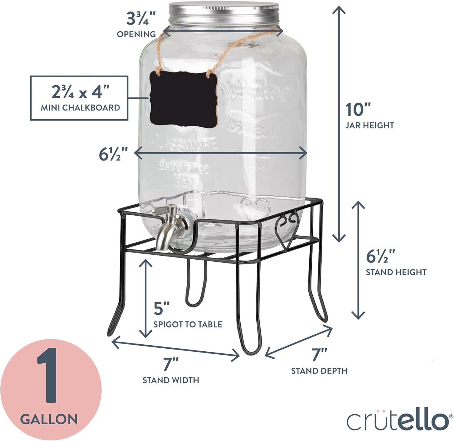 Crutello Outdoor Glass Beverage Dispenser with Stainless Steel Spigot & Ice Cylinder - 2 Gallon Drink Dispenser for Tea, Lemonade, Cold Water & More - A Family-Owned American Brand