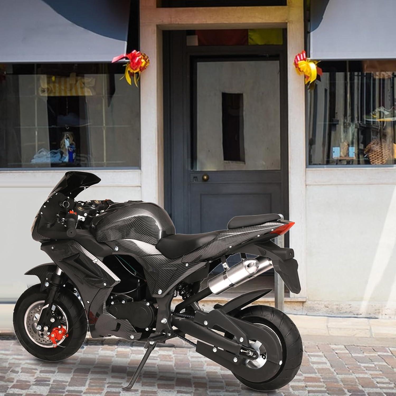 Mini Pocket Bike Motorcycle 49cc 4-Stroke Gas Bike Motorbike with Front Rear Disc Brakes, Gas Pocket Motorbike Racing Max Speed 25MPH, Dual Headlights Black