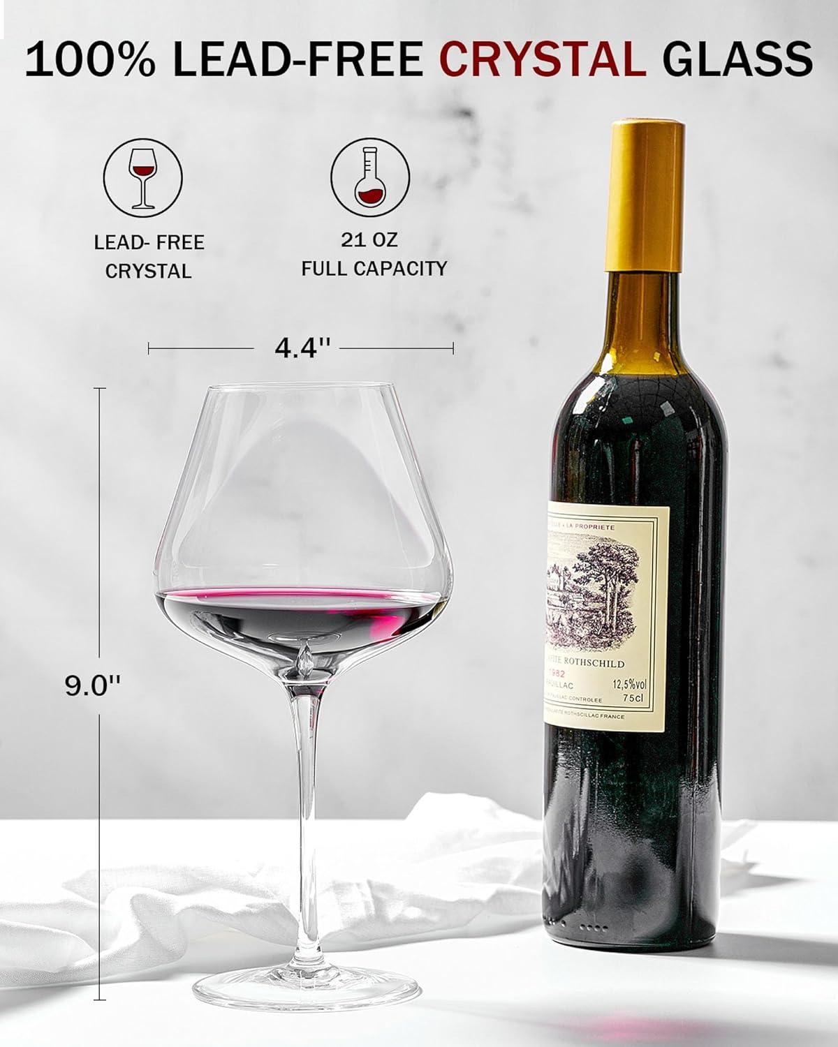 Set Of 4-21 Ounce Hand Blown Italian Style Crystal Burgundy Wine Glasses - Lead-Free Premium Crystal Clear Glass - Gift-Box For Any Occasion