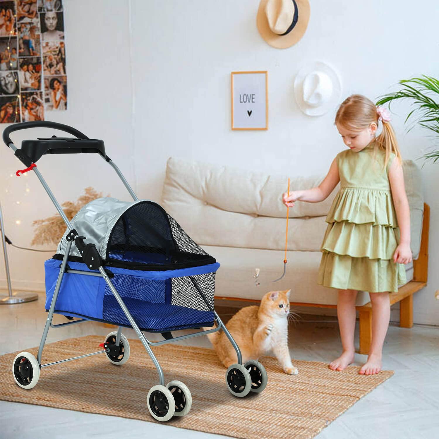 FDW 4 Wheels Pet Stroller Cat Dog Stroller Portable Folding Travel Carrier Strolling Cart Waterproof with Storage Basket,Mesh Windows, Yellow Plaid