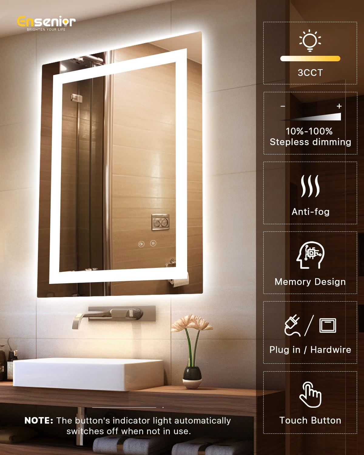 Amorho LED Mirror for Bathroom, 24"X32" with Front and Backlight, Stepless Dimmable Wall Mirrors with Anti-Fog, Shatter-Proof, Memory, 3 Colors, Double LED Vanity Mirror(Horizontal/Vertical)