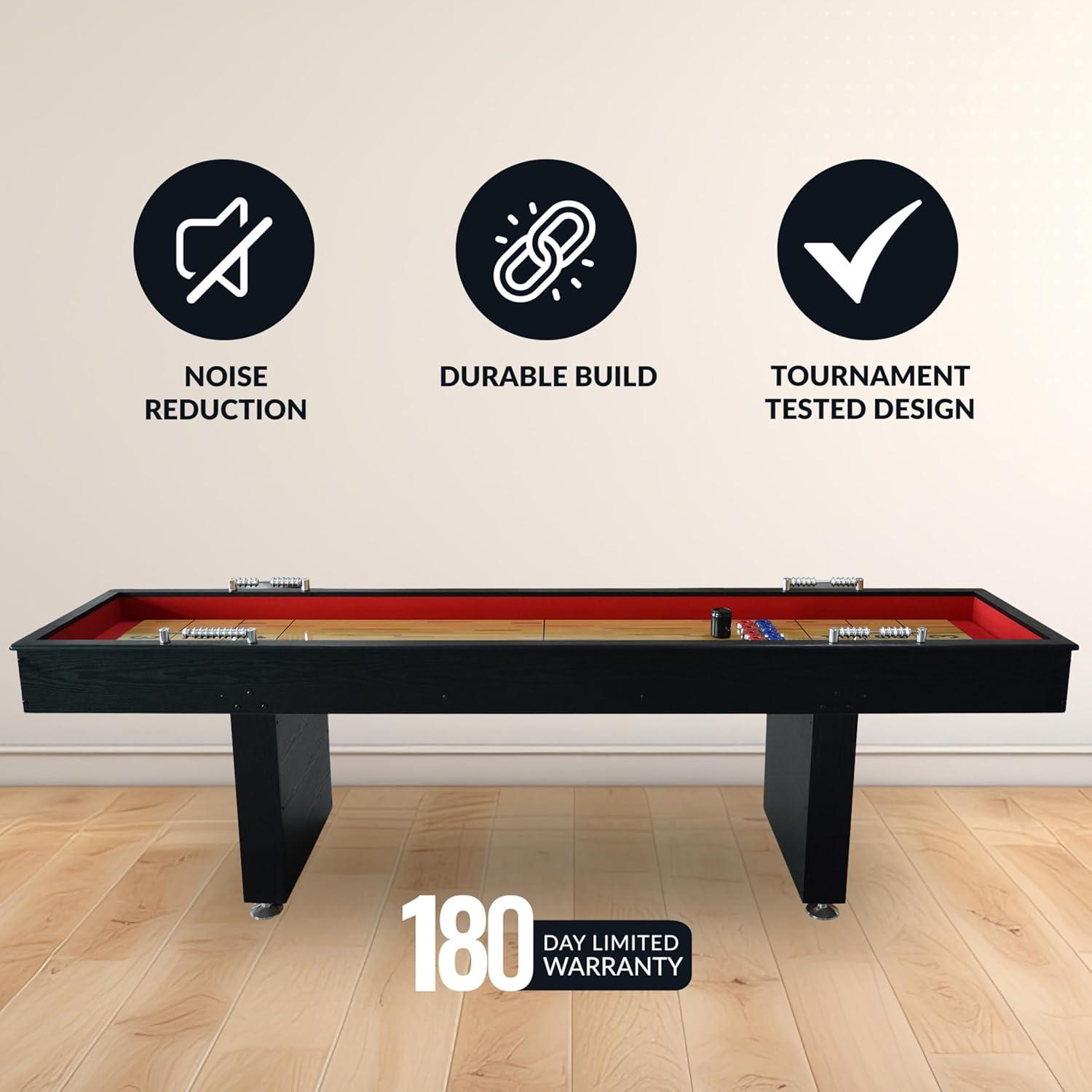 Hathaway Avenger 9 Ft Shuffleboard Table for Family Home Arcade Game Room - With Poly-Coated Playfield, Built-In Abacus Scorer, Padded Gutters, Leg Levelers, 8 Pucks, Brush & Wax - Black Wood Finish