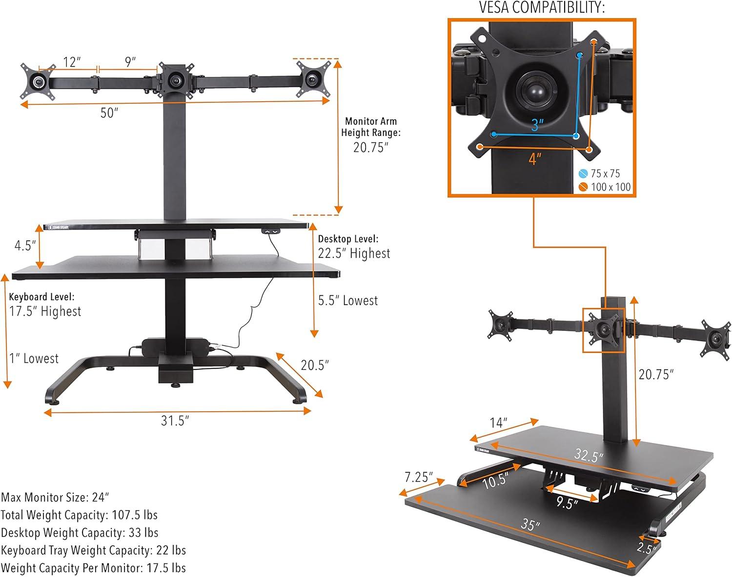 Techtonic Triple Monitor Electric Standing Desk Converter - Black