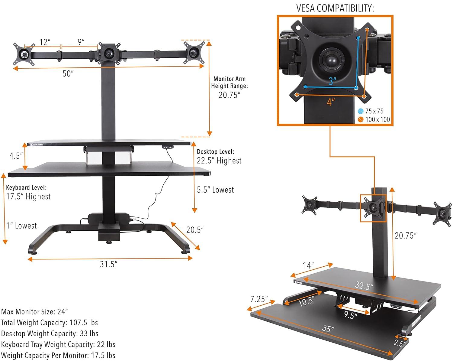 Techtonic Electric 3 Arm Monitor Mount Standing Desk - Sit to Stand Desk Converter with Keyboard Tray – Black – Stand Steady