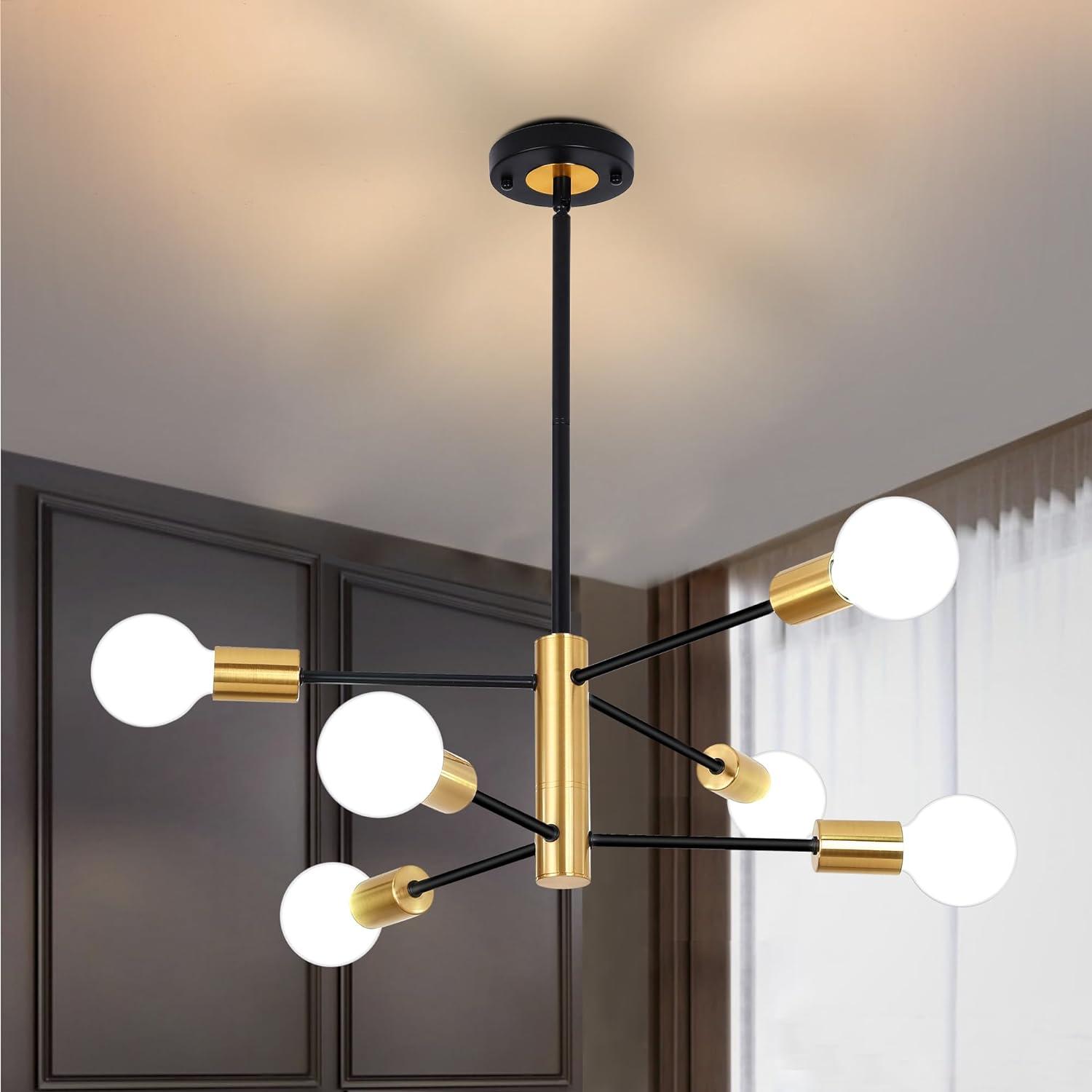 Black and Gold Modern Sputnik Chandelier Ceiling Light Fixtures, 6-Lights Mid Century Industrial Metal Semi Flush Mount Lamp for Bedroom Dining Room Living Room Kitchen Hallway Office