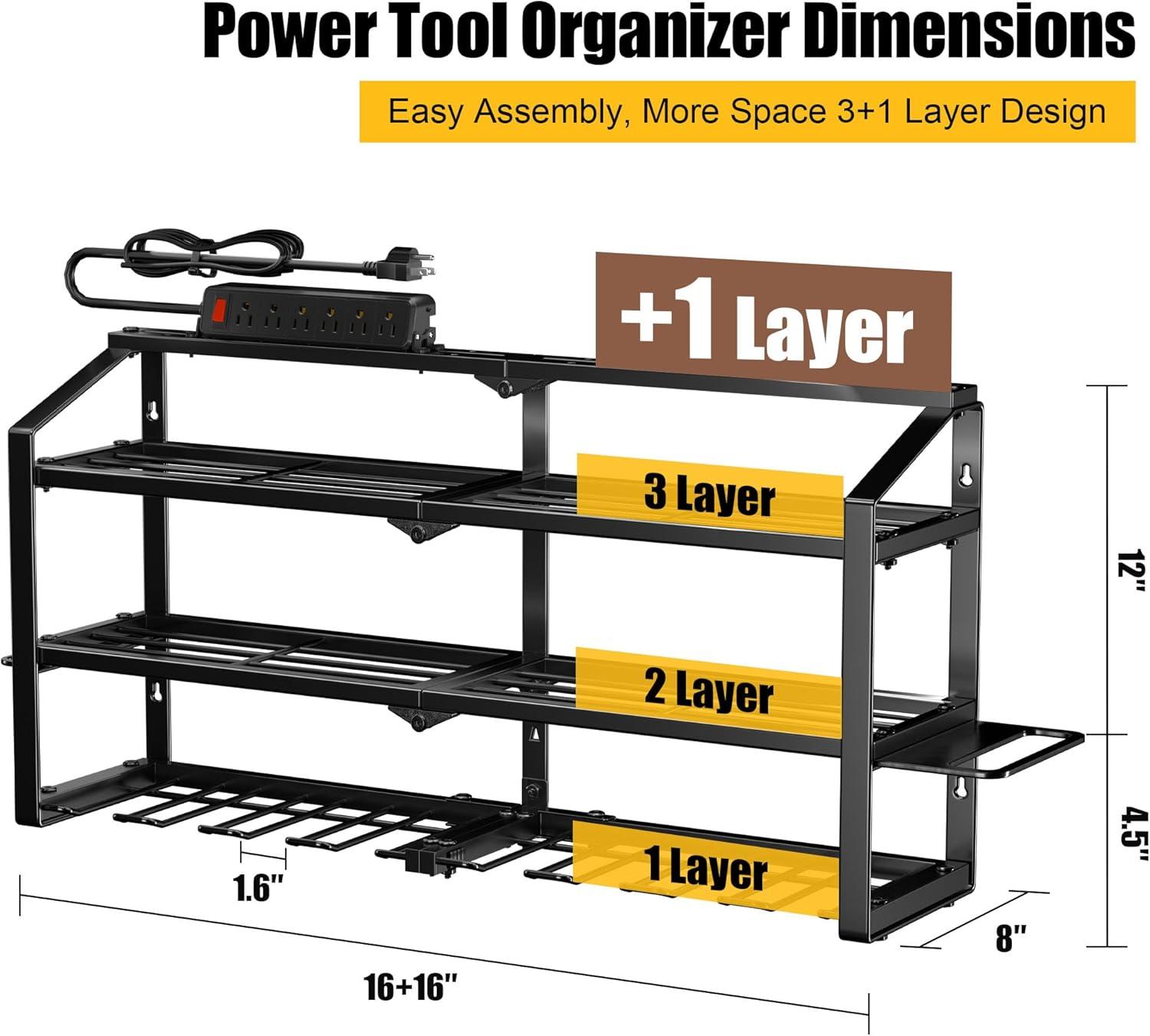 Spampur Power Tool Organizer Wall Mount with Charging Station, Garage Tool Shelf 6 Drill Holders, Tool Battery Holder with Plier holder Heavy Duty Rack, Tool Storage Rack with 4 Outlet Power Strip