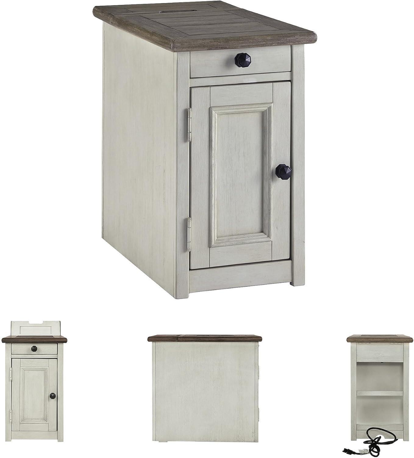 Signature Design by Ashley Bolanburg Chair Side End Table Brown/White: Vintage Style, USB Ports, Storage Cabinet