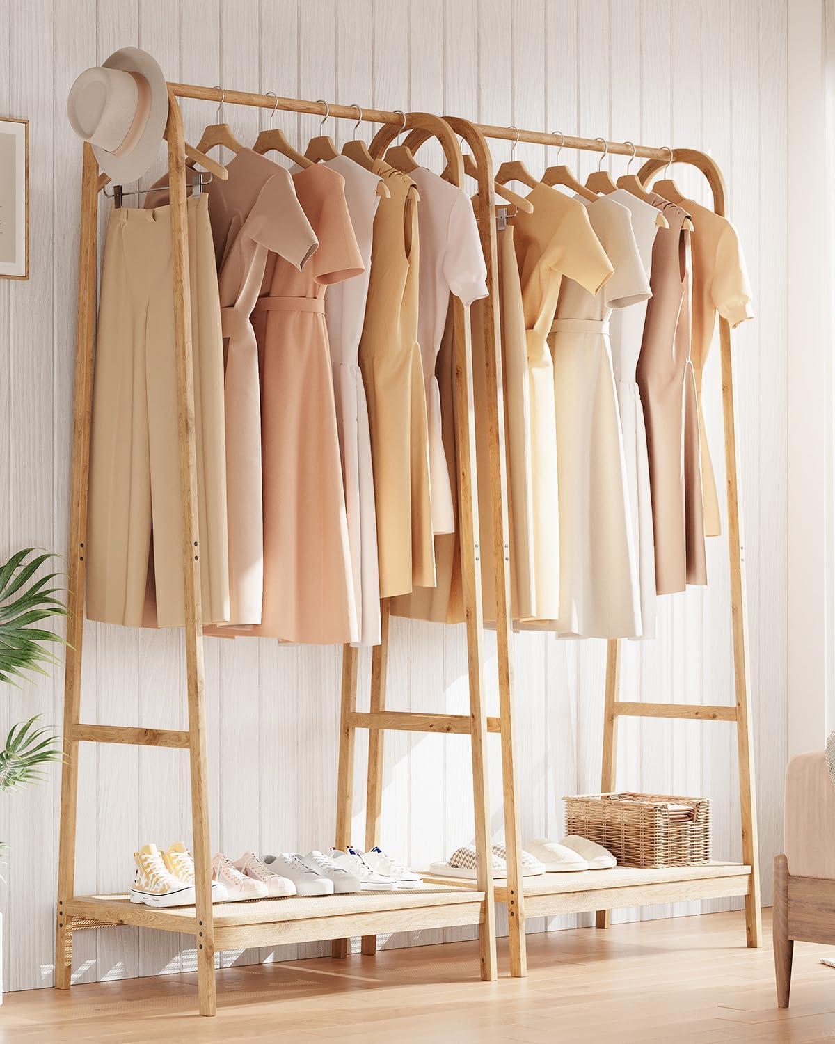 Garvee Bamboo Freestanding Garment Rack, Clothing Rack with Storage Shelf for Bedroom, Balcony, Clothes Store, Clothing Storage Organizer, Natural
