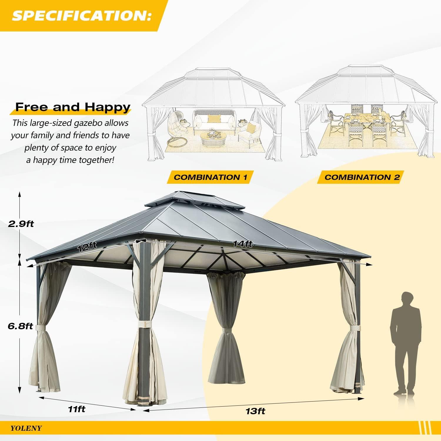 EROMMY 12'x14' Hardtop Gazebo Patio Furniture, Aluminum Frame Double Roof, Privacy Curtains and Premium Net for Patio Lawn and Garden