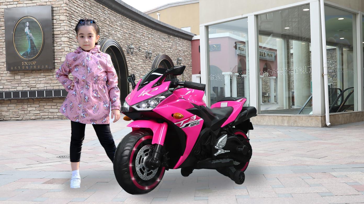 WEEROCK Kids Electric Motorcycle with Trainning Wheels for 3-8 Years(43-59in), Boys Girls Ride on Electric Motorbike, Light Wheels Hand Drive for Child Motorized Toys Gift, Pink