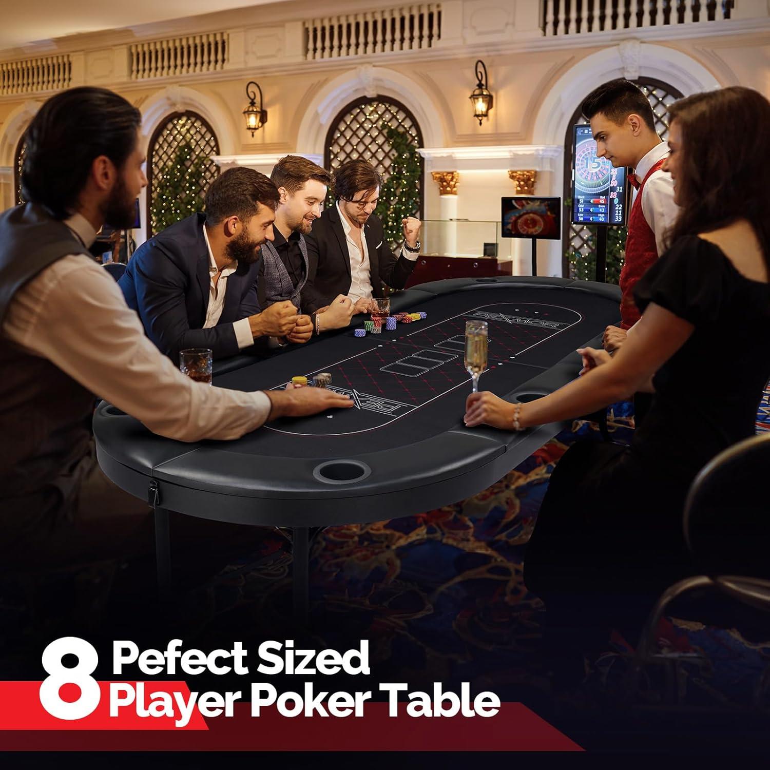 PEXMOR Foldable 8 Player Poker Table, Folding Blackjack Casino Card Game Table with Stainless Steel Cup Holders & Padded Rails, Portable Texas Holdem Poker Table