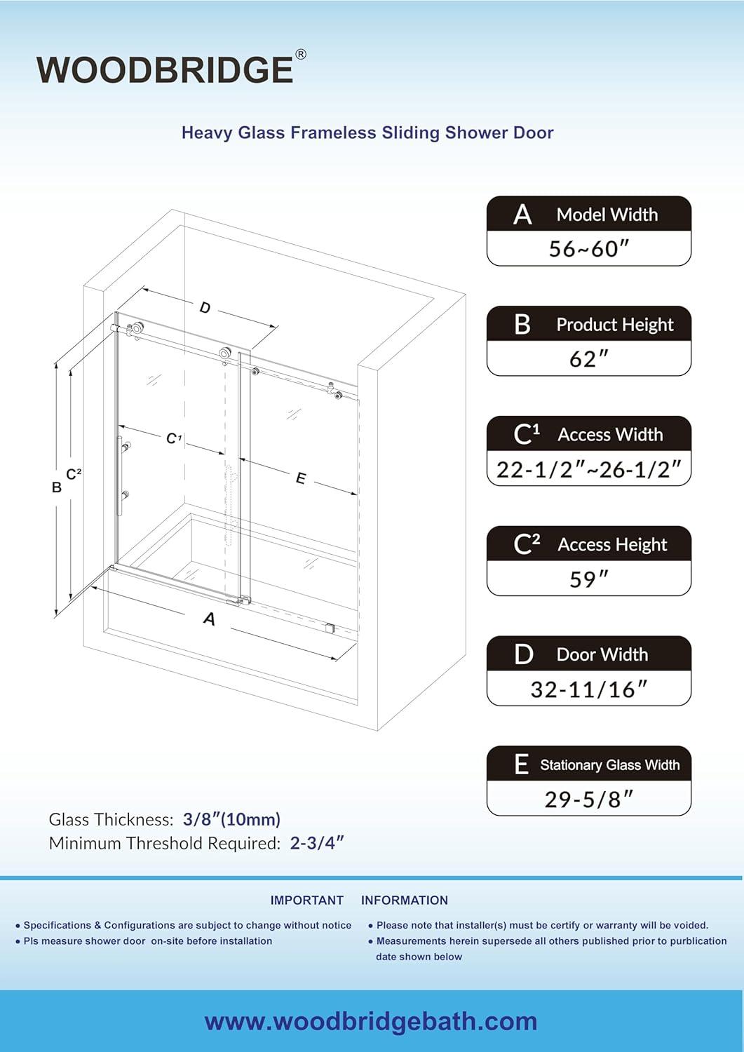 56"-60" W x 62" H Single Sliding Frameless Bathtub Door with 3/8"(10mm) Clear Tempered Glass