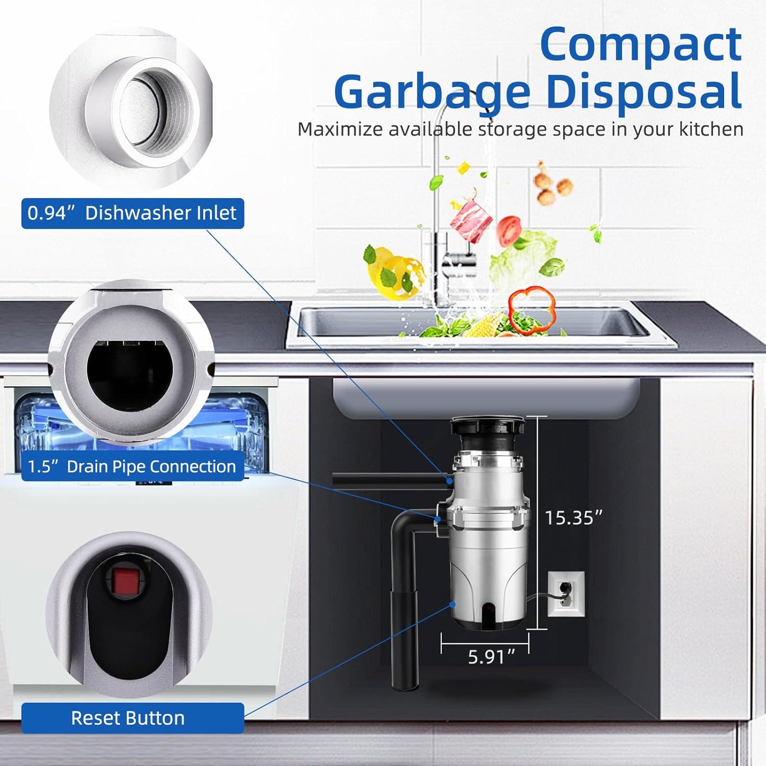 Garbage Disposal 1/2 Hp, Continuous Feed Insulation Food Waste Disposal, 3 Stage Grinding, Silver