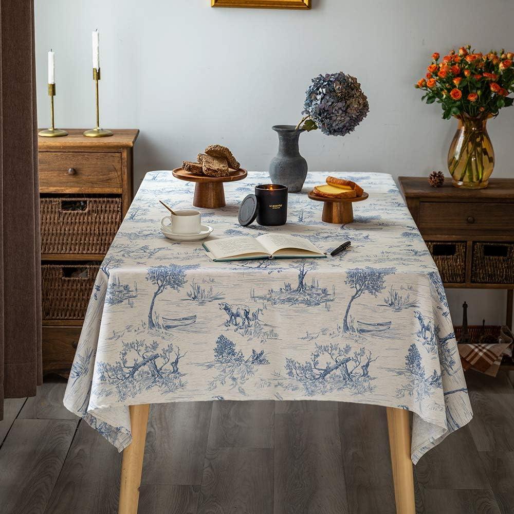 GLORY SEASON Rustic Tablecloth Classic French Village Printed Linen Fabric Table Cover Farmhouse Decoration 52x70 Inches Rectangle/Oblong Blue for Kitchen Dining