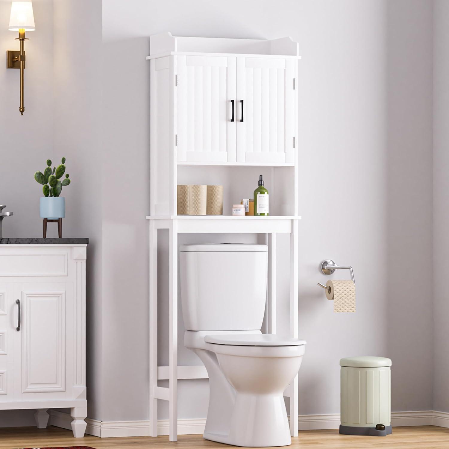 White Matte Freestanding Over-the-Toilet Storage Cabinet with Adjustable Shelves