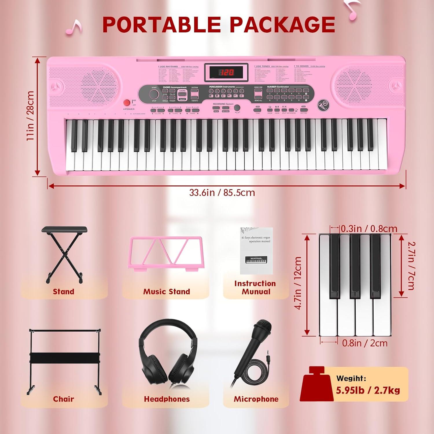 Fenbeli 61 Key Piano Keyboard with Lighted Keys Electric Keyboard Kit with Stand, Bench, Headphones, Built-in Speakers, Pink