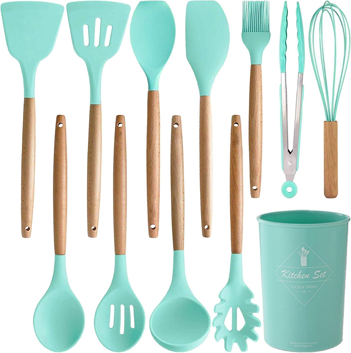 AUMIY   Cooking Utensil Set 12 Pcs Silicone Kitchen Utensils Set Silicone Spatula Set Wooden Utensil Set Silicone Utensils For Cooking