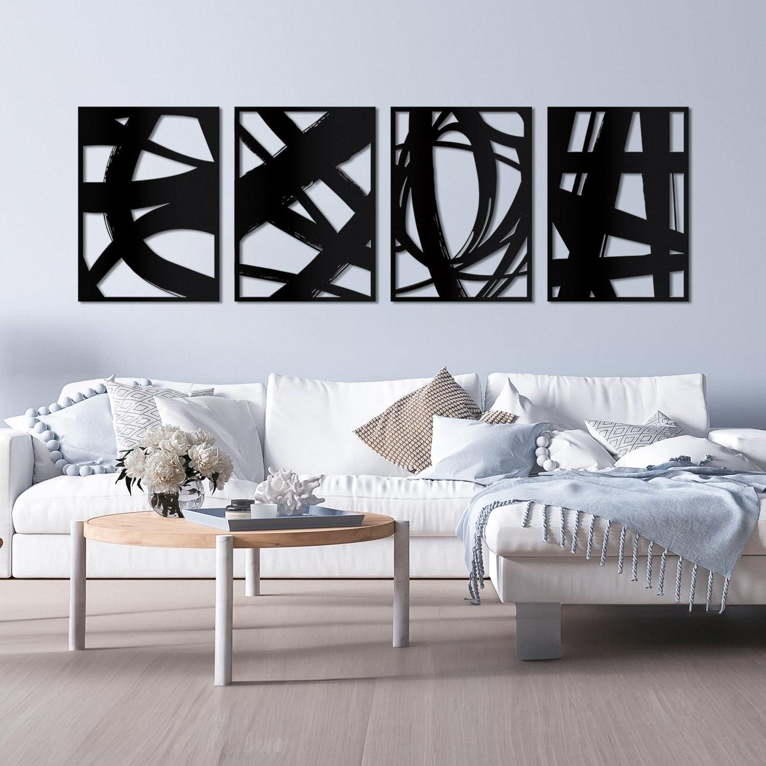 WINUSD 4Pcs Abstract Black Metal Wall Art, 3D Textured Metal Wall Decor, Modern Hollow Out Design Metal Wall Sculptures, Minimalist Line Art Home Decor for Living Rooms Offices Restaurants(16 x 11)