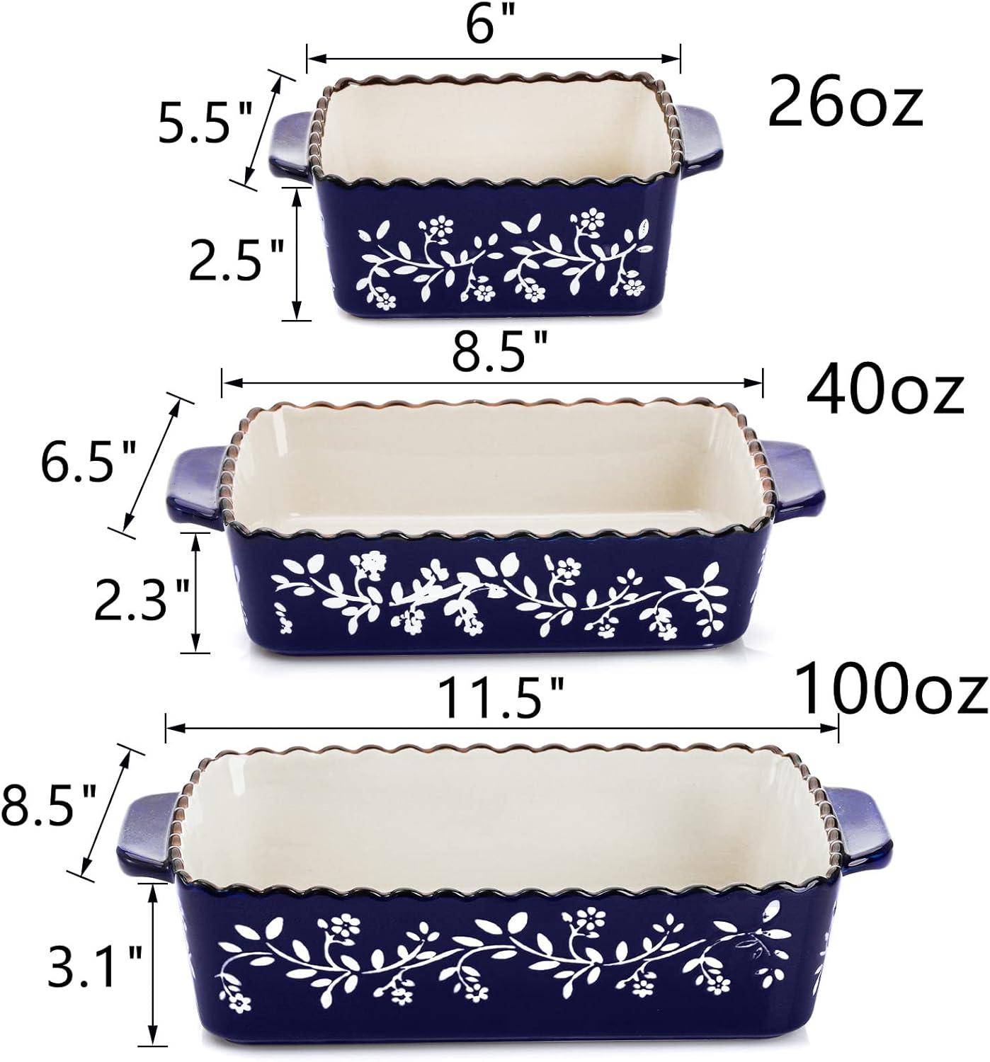 AVLA 3 Pack Ceramic Bakeware Set Porcelain Rectangular Baking Dish Lasagna Pans for Cooking Kitchen Casserole Dishes Cake Dinner 12 x 8.5 x 6 Inches of Baking Pans Banquet and Daily Use Cobalt Blue