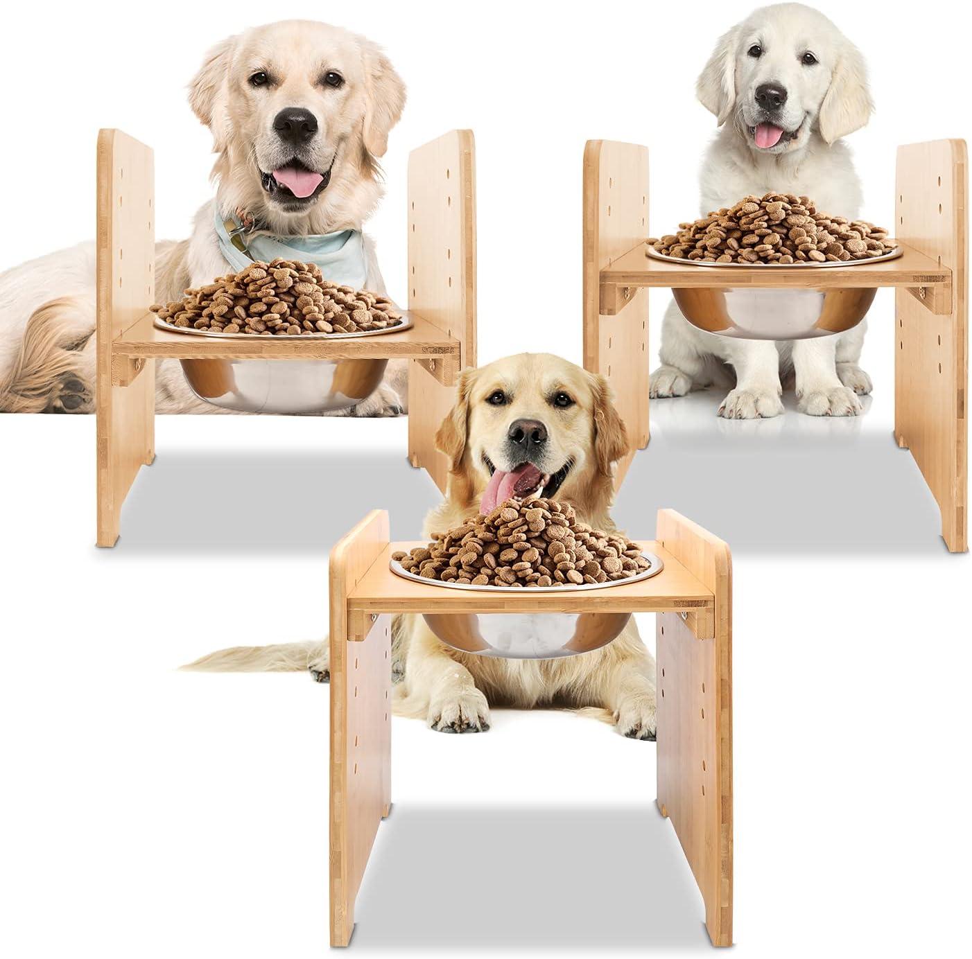YY FOREYY Juego de 2 Tazones Elevados para Perros y Gatos, Tazones de Agua y Comida para Perros con Inclinación de Bambú, Comedero con 3 Tazones de Acero Inoxidable y Patas Antideslizantes para una Alimentación Cómoda