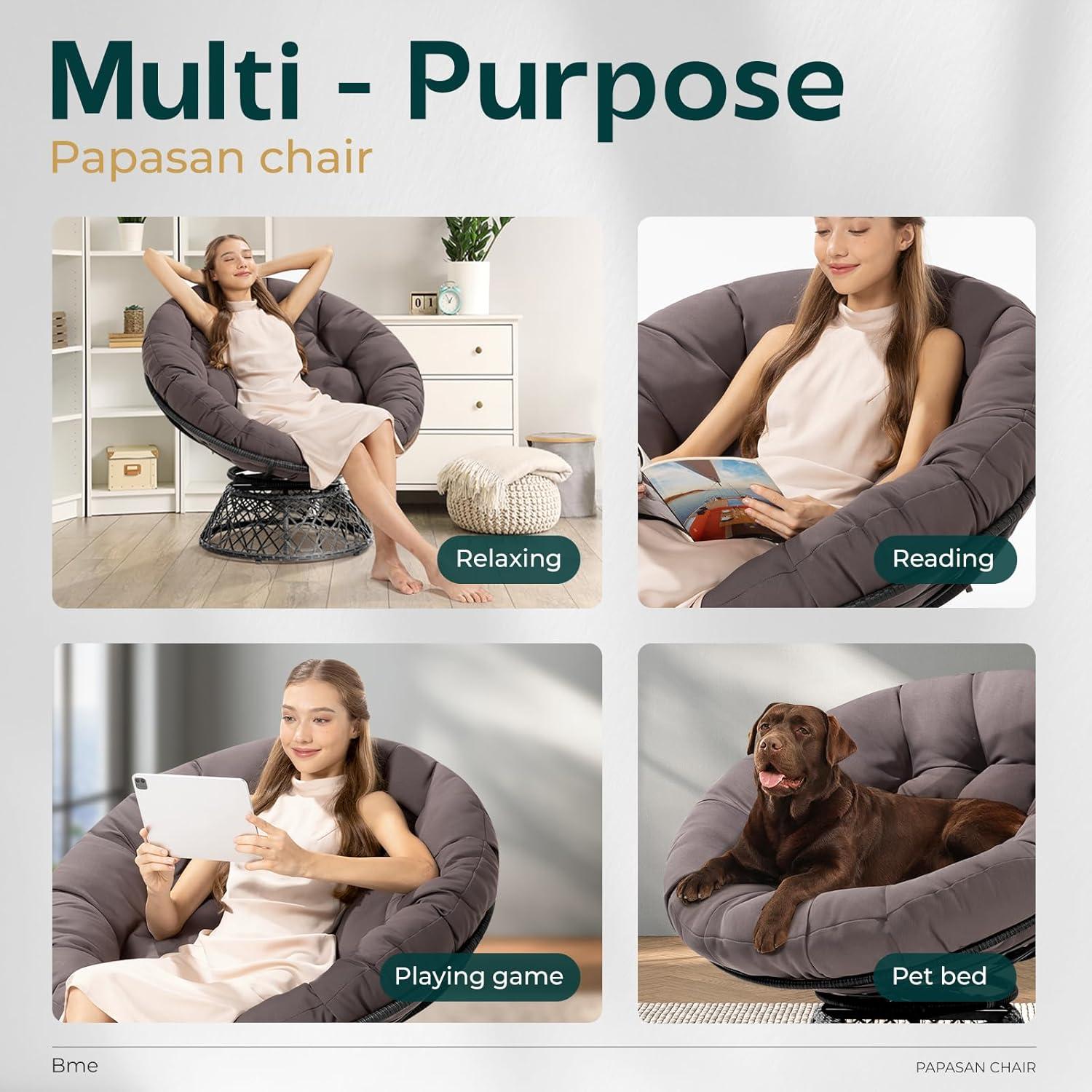 Bme Ergonomic Wicker Papasan Chair with Soft Thick Cushion & Frame