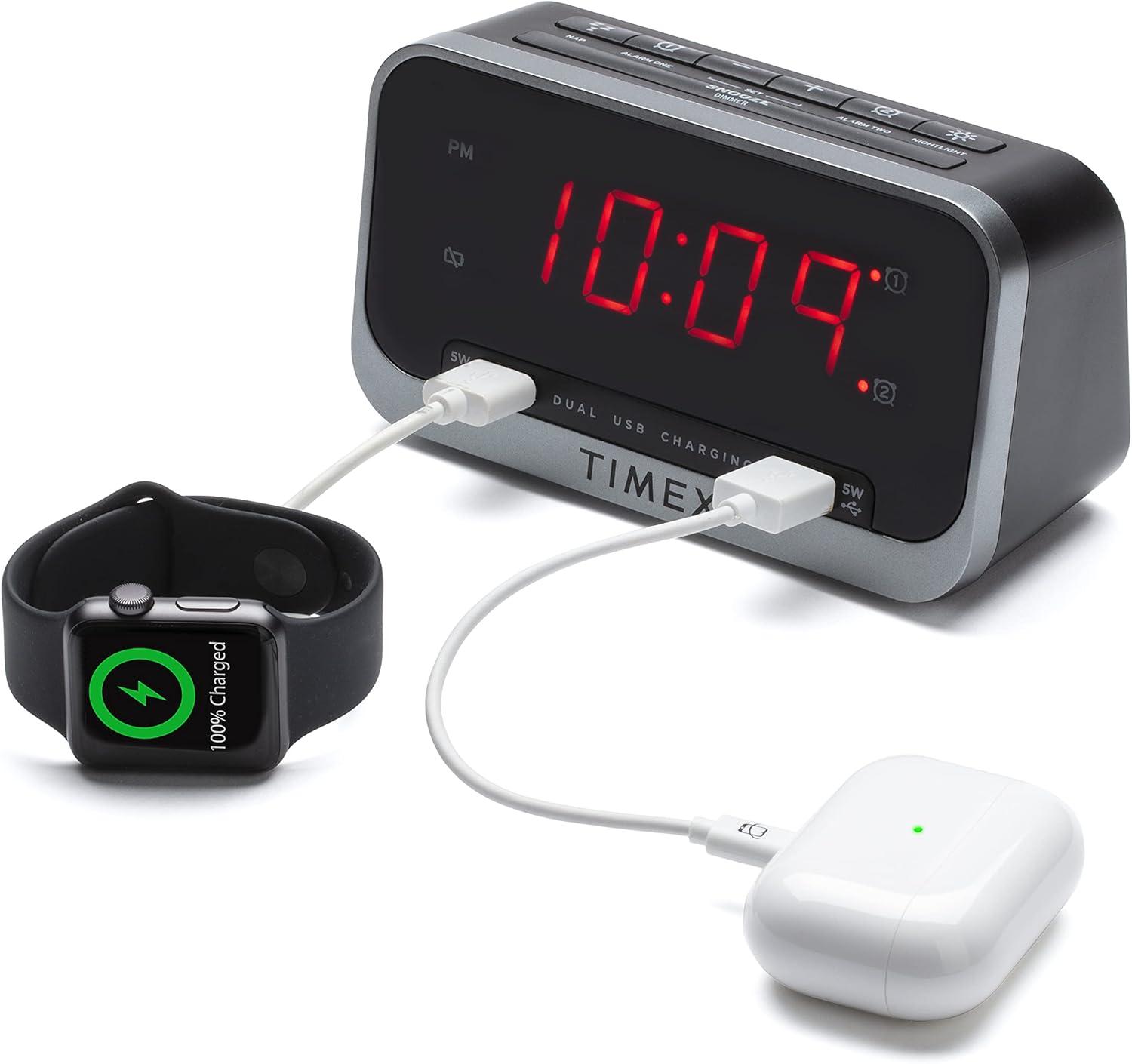 Timex Dual Alarm Clock with Dual USB Charging and Nightlight