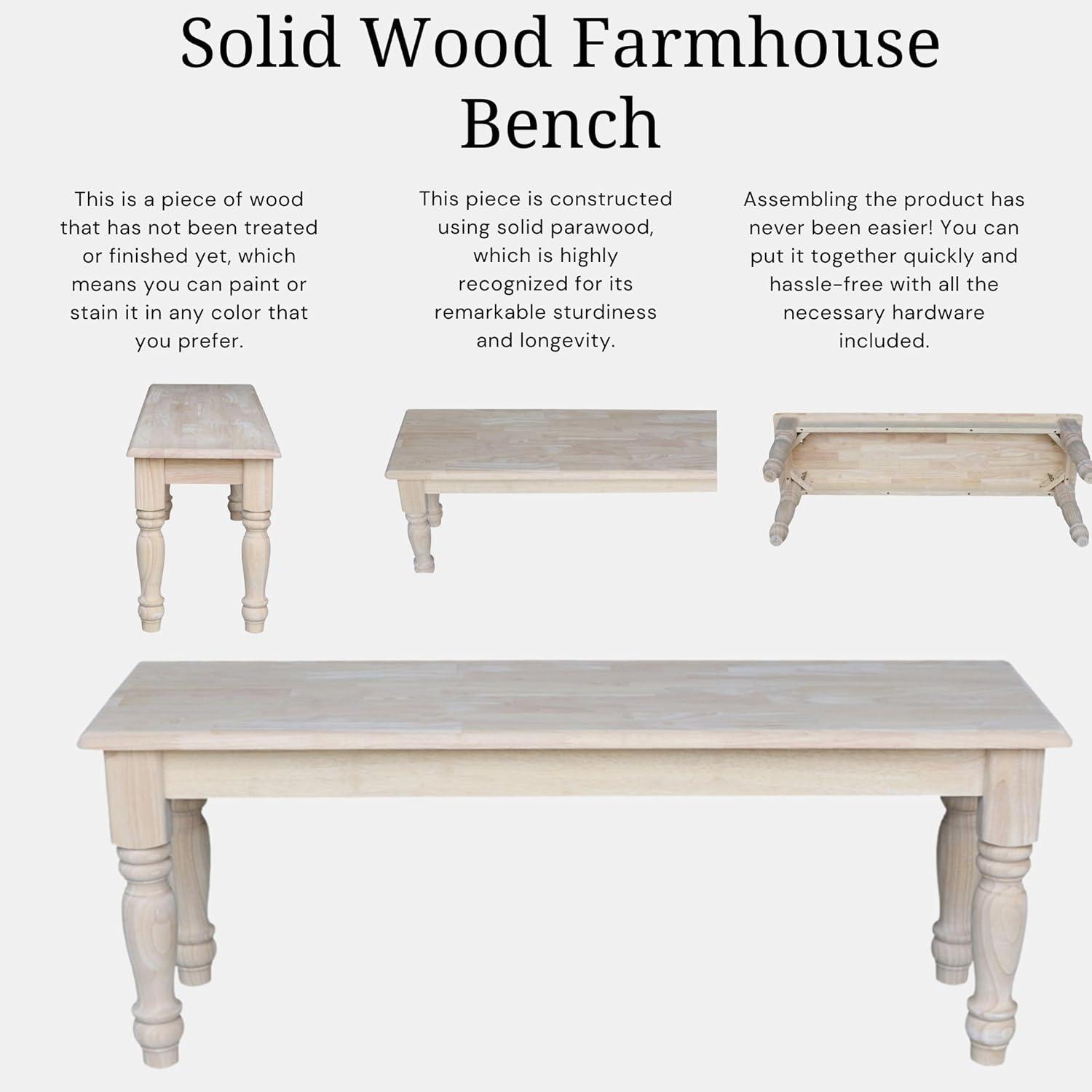 Farmhouse Bench - Unfinished - International Concepts: Hardwood Rectangular Seat for Dining & Bedroom, Seats 2