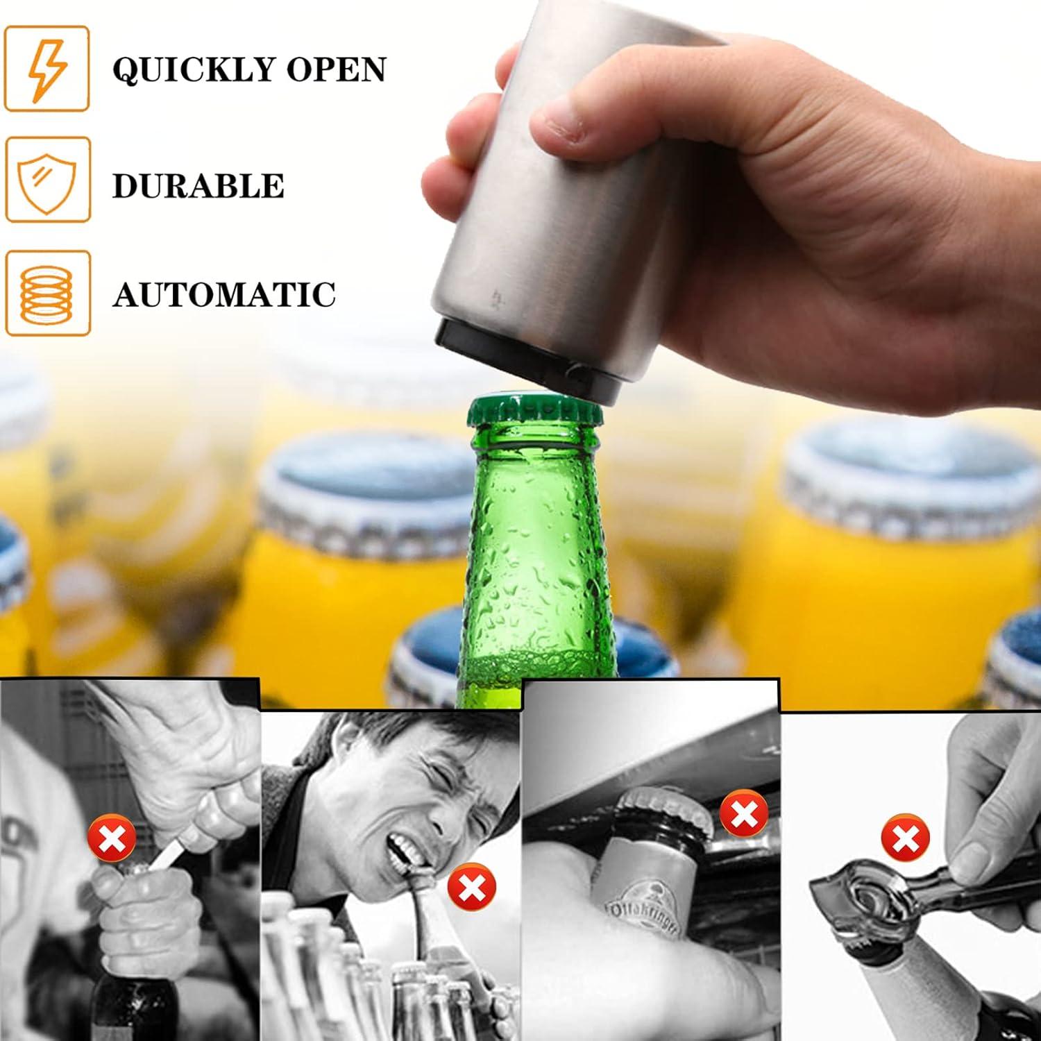 Automatic Magnetic Beer Bottle Opener, Stainless Steel Portable Pop the Top Wine Bottle Cap Catcher, Quick Open, No Damage Push Down Bartender Tools for Bar, Home, Kitchen, Party, Restaurant, Silver