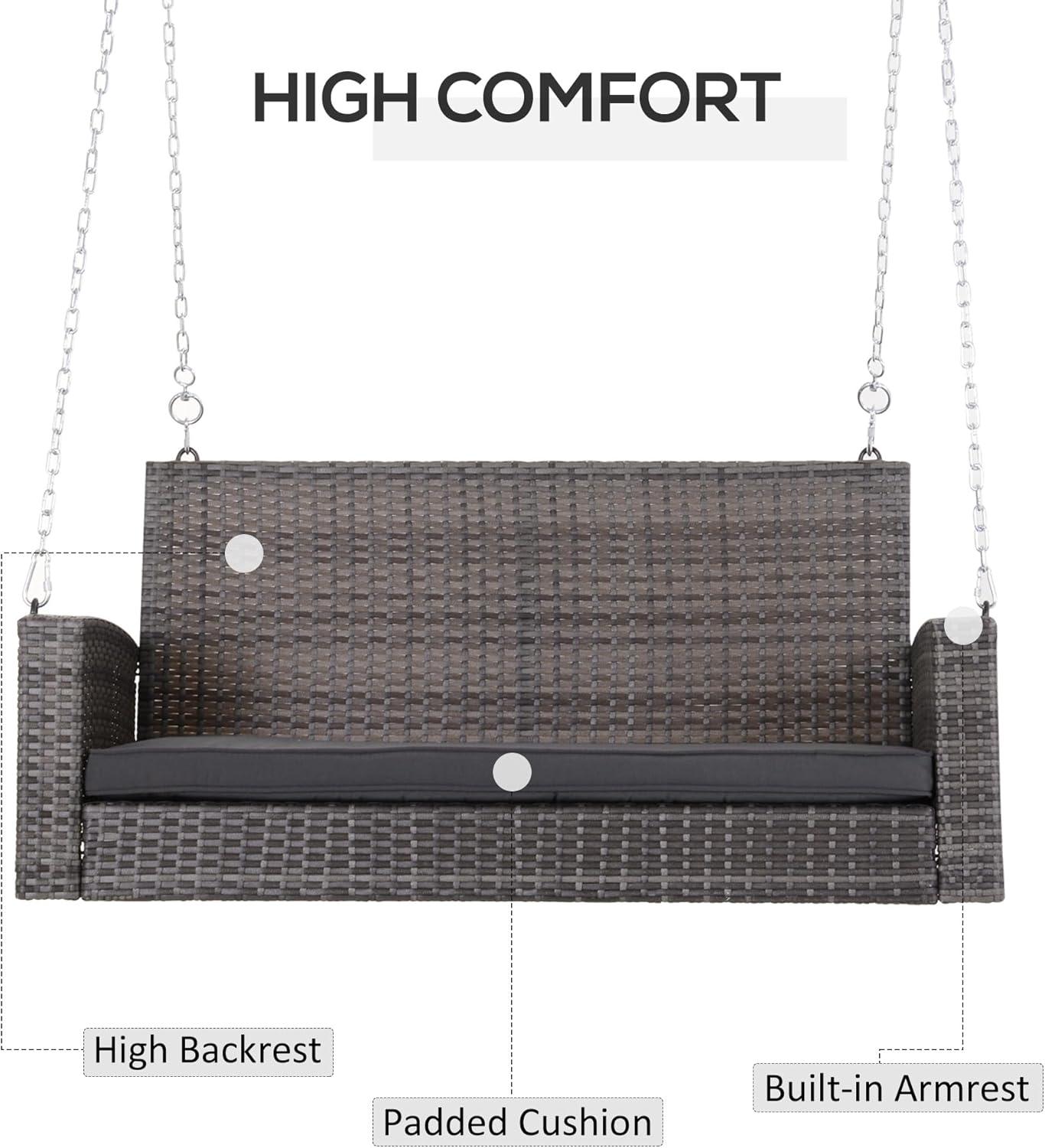 Outsunny 2-Person Wicker Hanging Porch Swing Bench, Front Porch Swing Outdoor Chair with Cushions 550lbs Weight Capacity for Backyard, Garden, gray