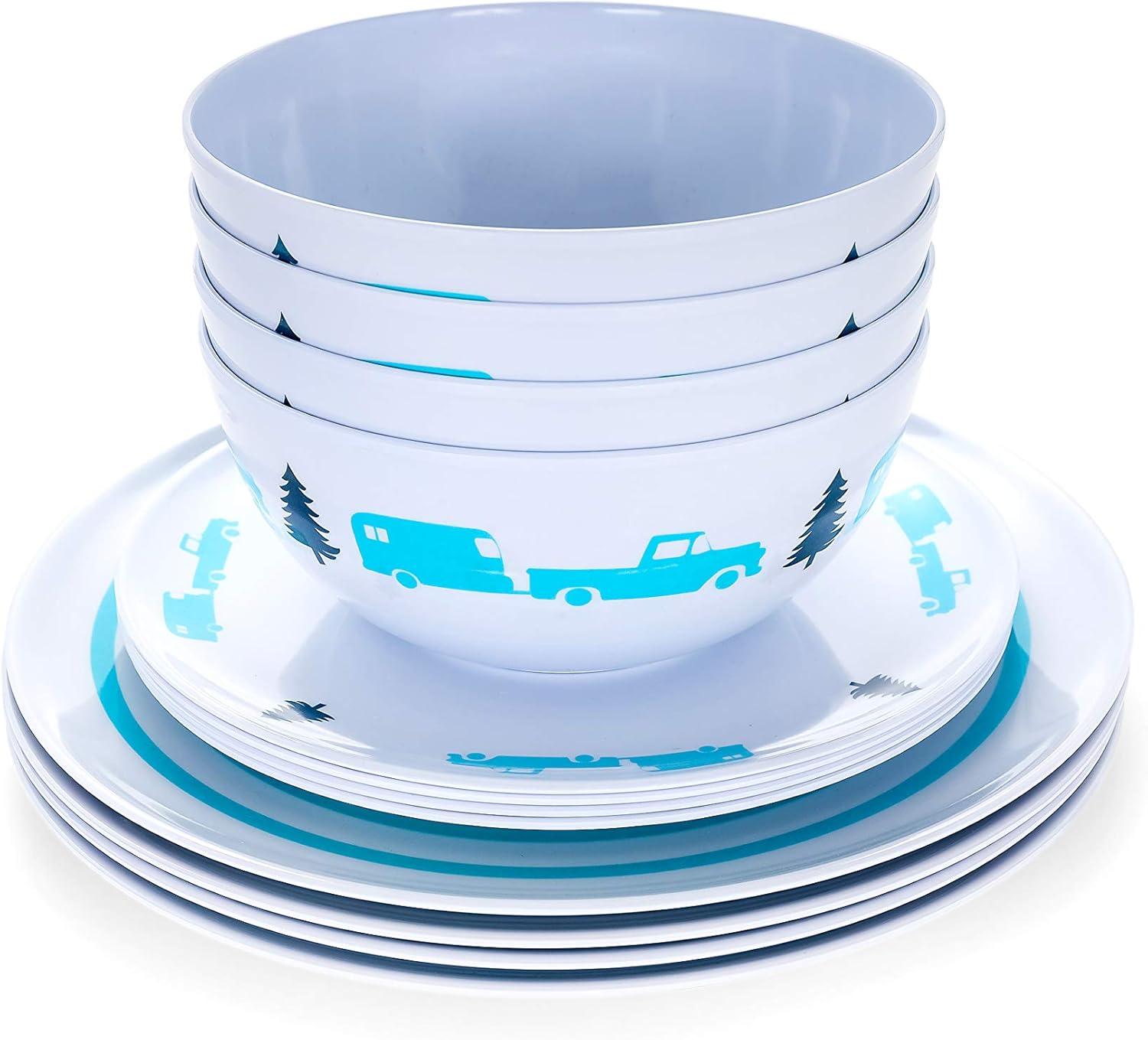 White and Blue Melamine Outdoor Dinnerware Set, 12 Pieces