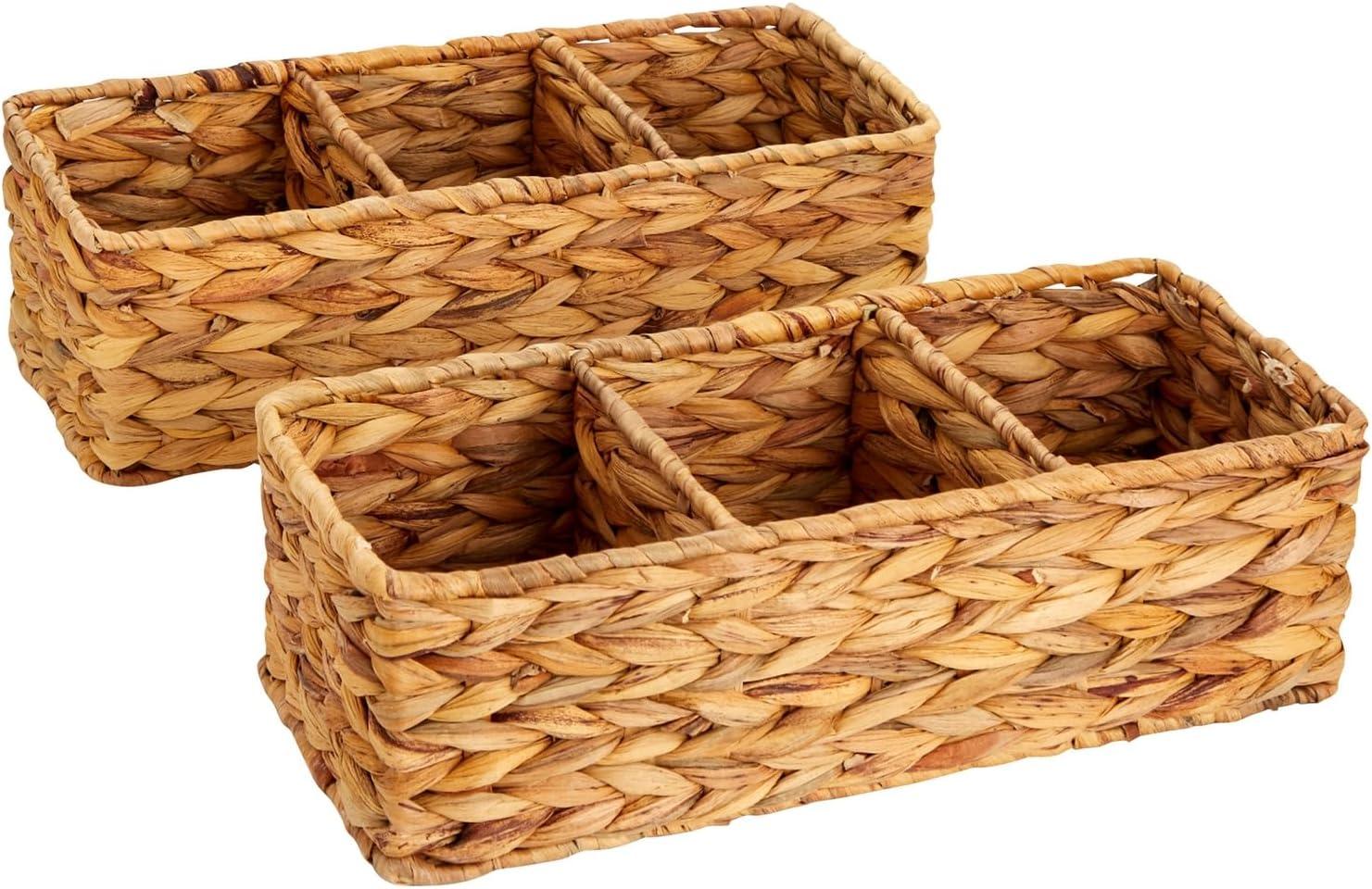 Farmlyn Creek 3-Section Wicker Baskets for Shelves, Water Hyacinth Storage Baskets for Bathroom Organizing, 2-Pack