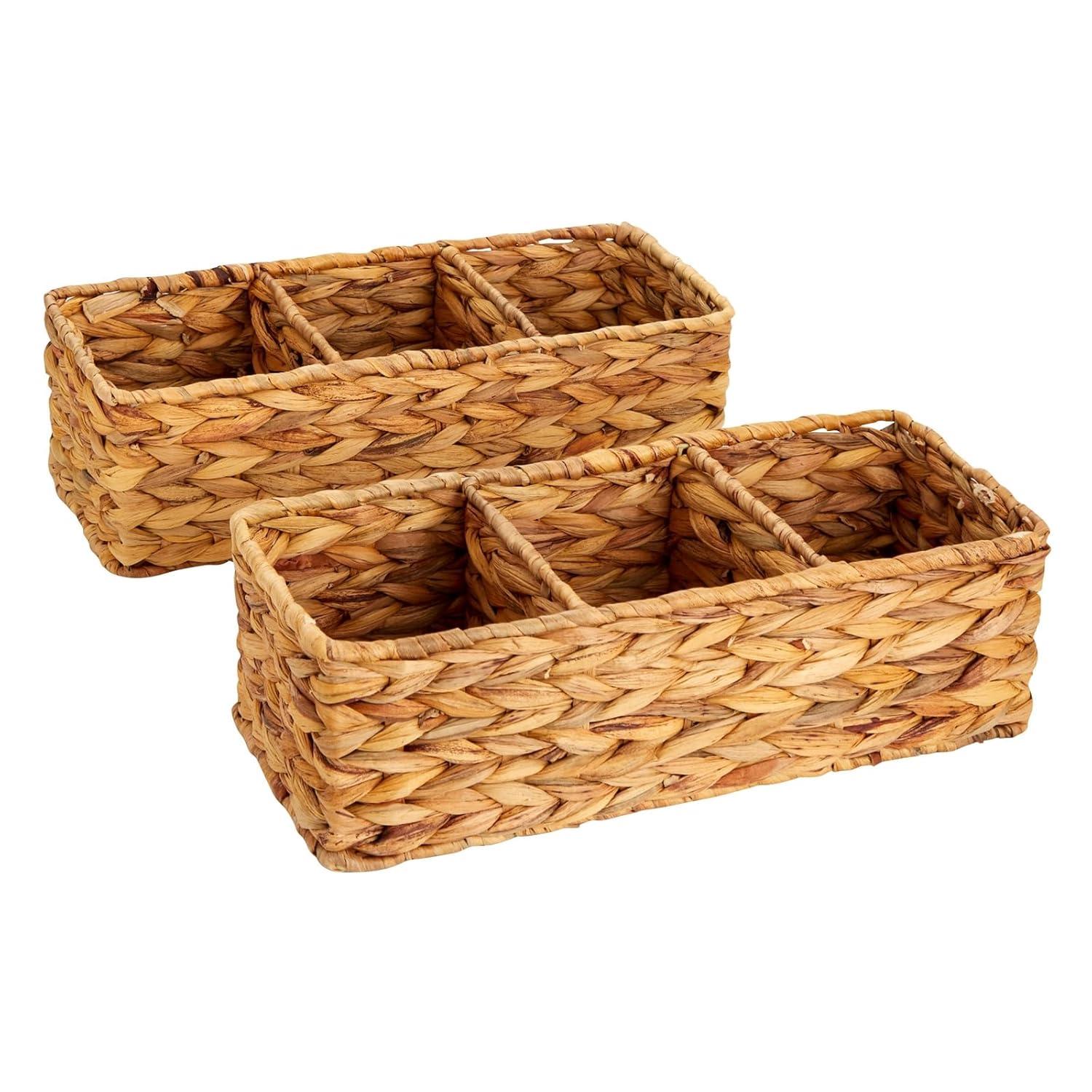 Farmlyn Creek 3-Section Wicker Baskets for Shelves, Water Hyacinth Storage Baskets for Bathroom Organizing, 2-Pack