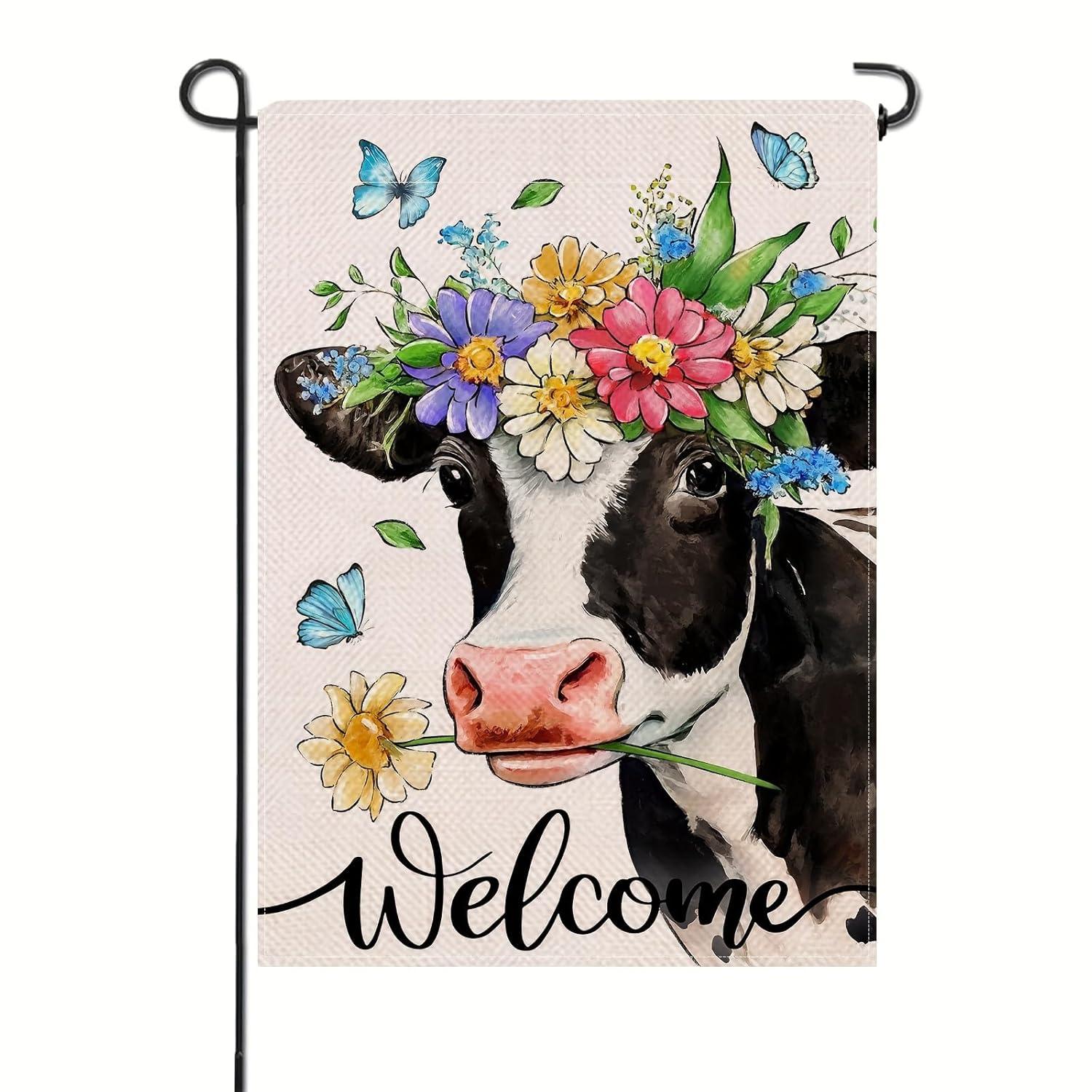 Spring Welcome Cow Garden Flag 12 x 18 inch Double Sided Outside decorations,Funny Cute Animal Flower Butterfly Small Garden Flags For Outdoor Yard Lawn