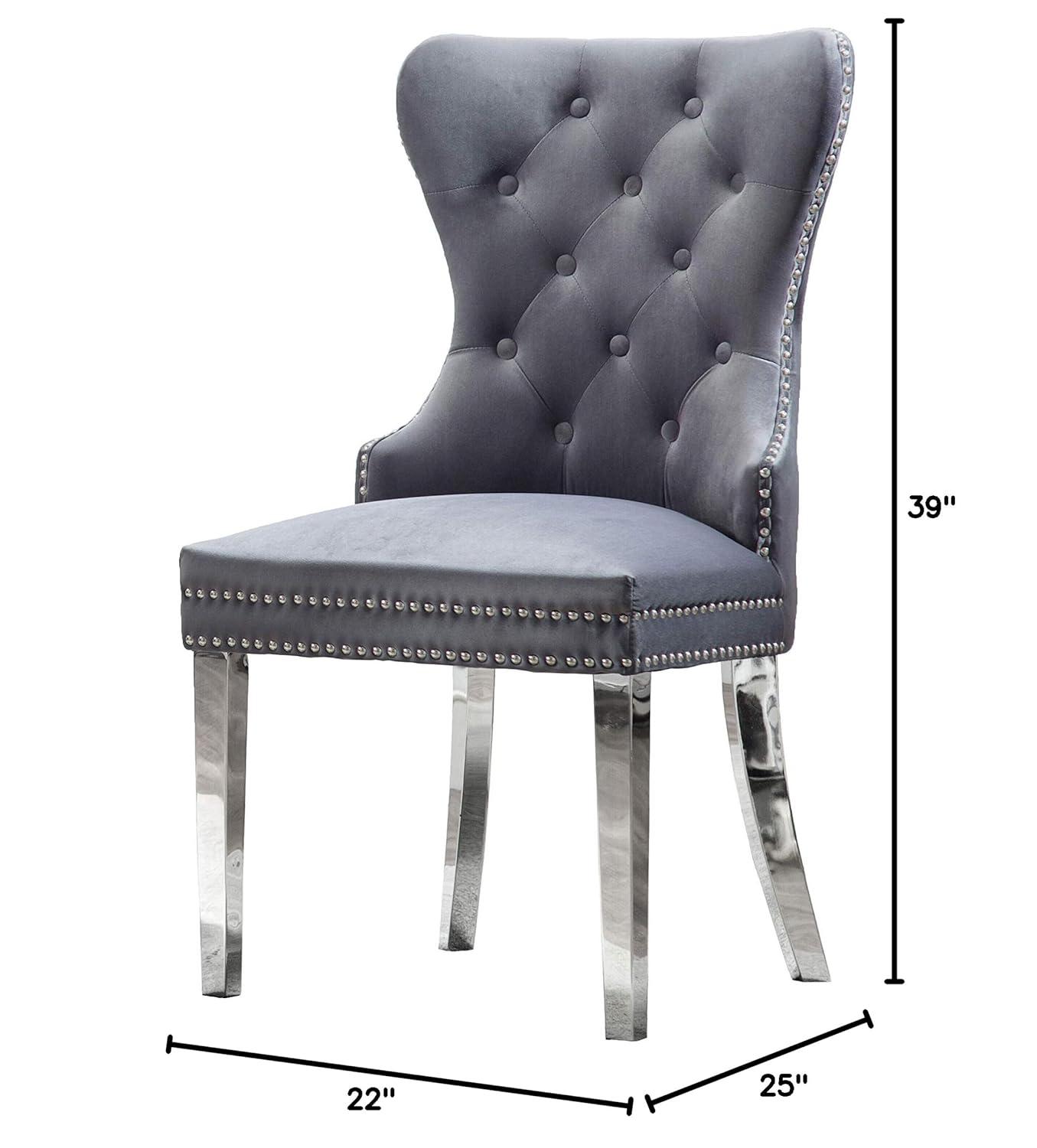 Tufted Dark Gray Velvet Side Chairs with Silver Stainless Steel (Set of 2)