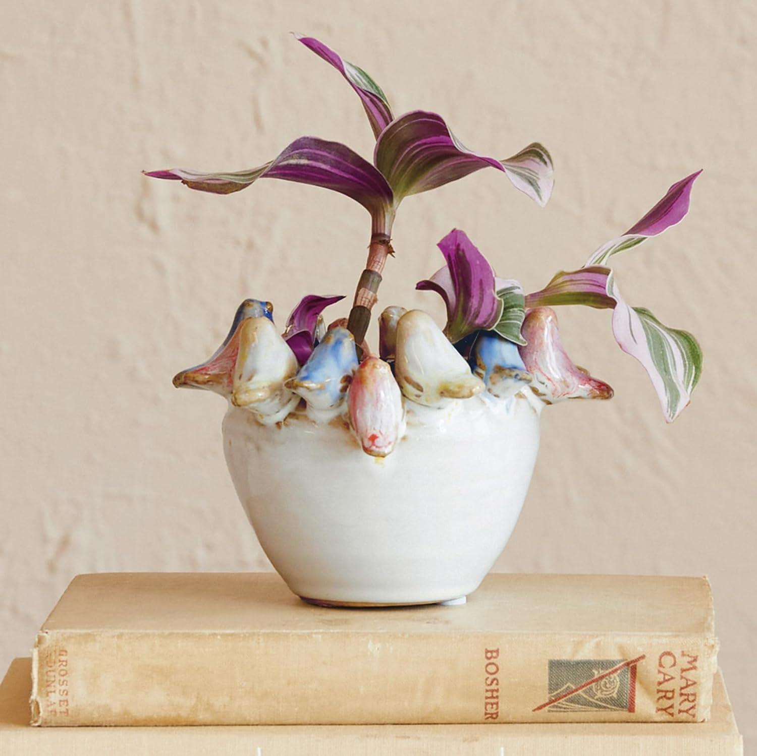 Multicolor Stoneware Planter with Birds and Reactive Glaze