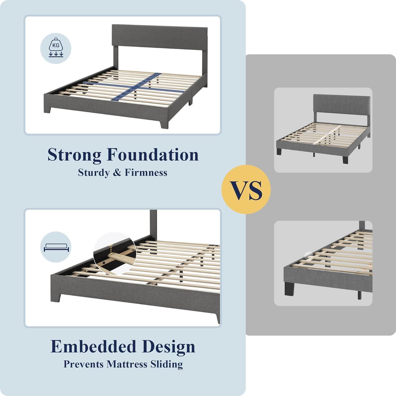 Killeryuki Queen Bed Frame with Adjustable Headboard, Upholstered Platform Bed with Wood Slats, Heavy Duty Mattress Foundation, No Box Spring Needed, Noise-Killeryuki, Easy Assembly, Dark Grey