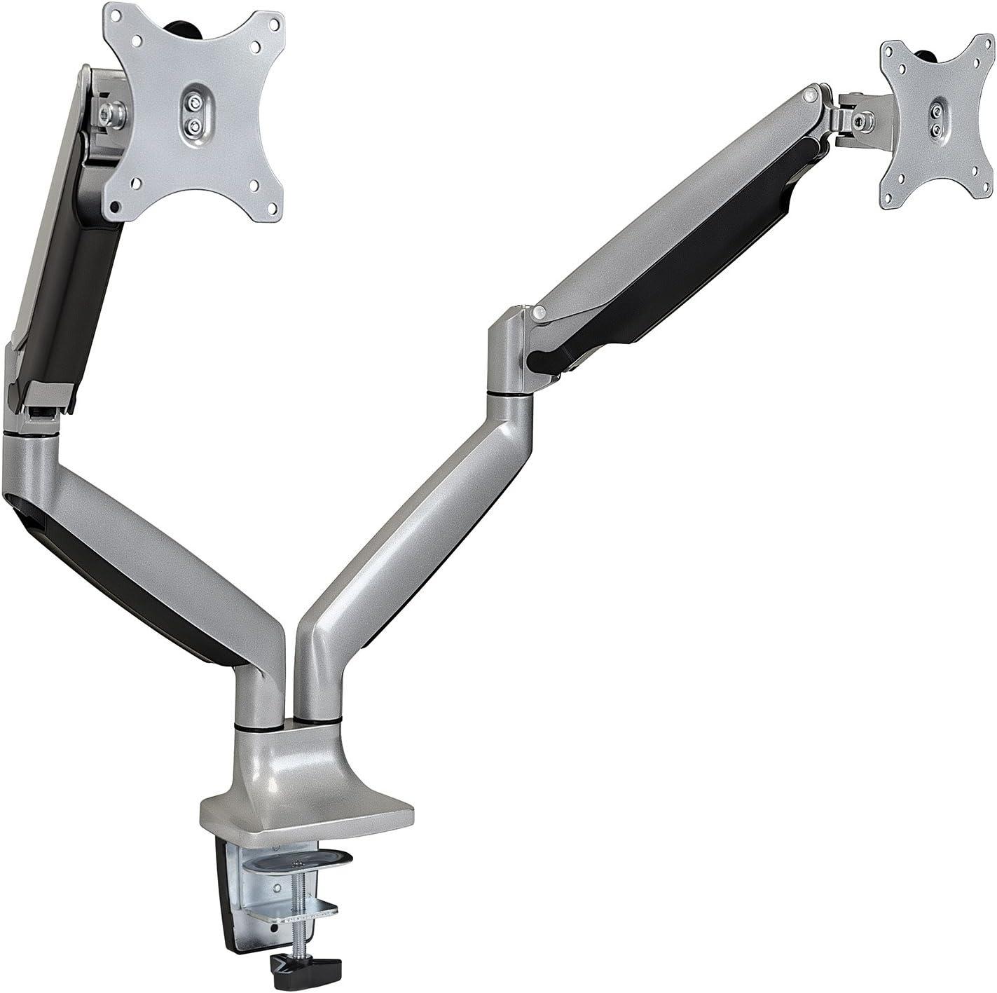 Mount-It! Dual Monitor Arm Mount Desk Stand Two Articulating Gas Spring Height Adjustable Arms | Fits Up To 32" | C-Clamp and Grommet Bases | Silver