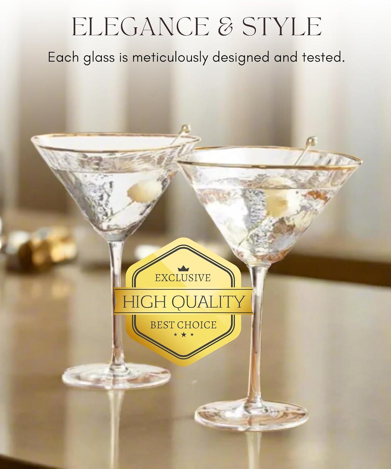 Sisterly Drinkware Clear Hammered Martini Glasses Set of 2 – Handmade Gold Rim Cocktail Glasses with 2 Gold-Plated Picks & 2 Coasters – 8 oz Elegant Barware for Martinis, Cocktails & Mocktails