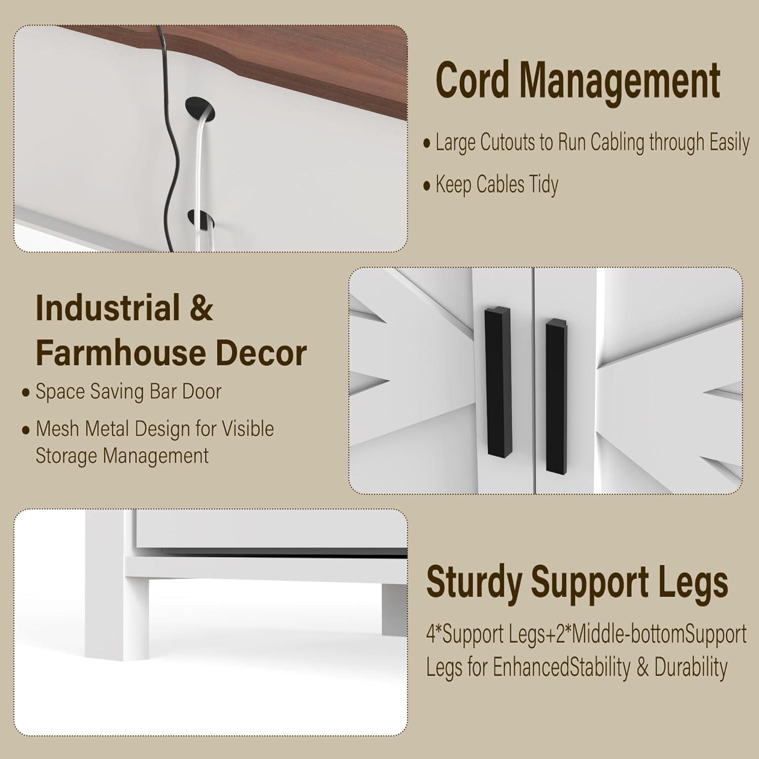 White and Brown Wood Farmhouse TV Stand with Sliding Barn Doors