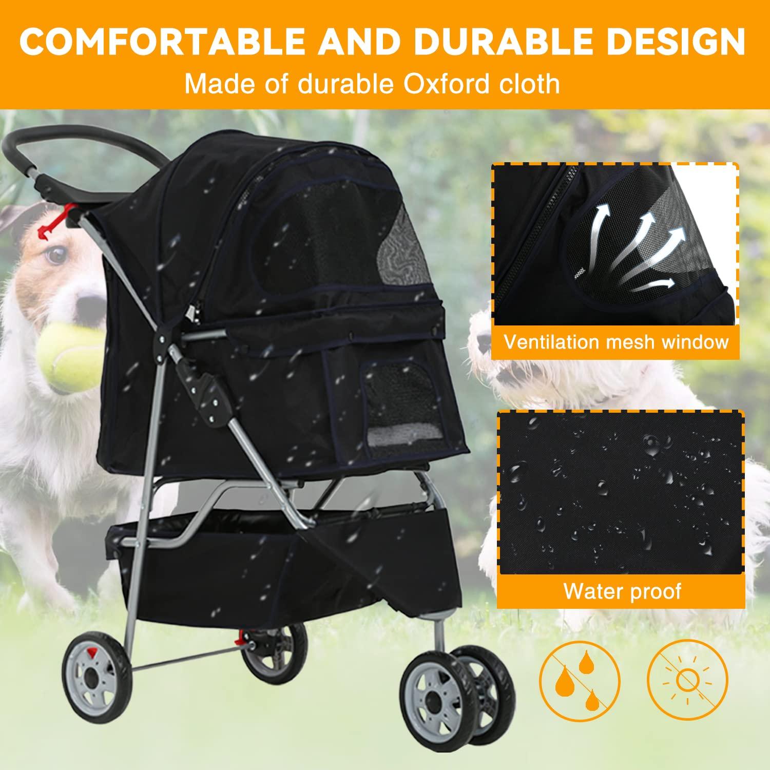HCY Folding Dog Stroller, 3 Wheels Pet Strollers Pet Gear for Small Medium Cats Dogs Puppy with Storage Basket, Cup Holder,Lightweight-Black, 35x17x38 Inch