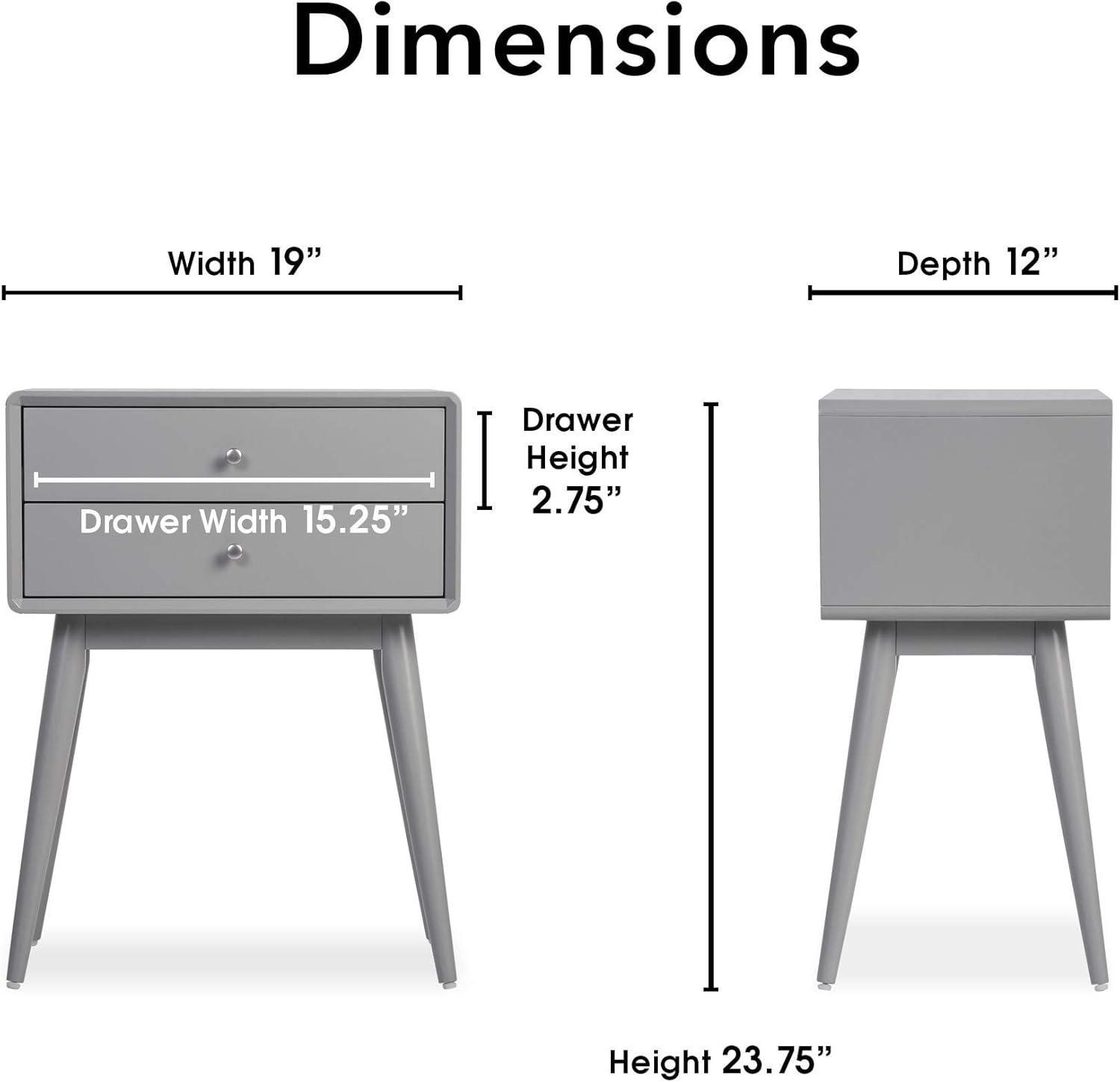 Rory Two Drawer Side Table Gray - Adore Decor: Mid-Century Modern, MDF Wood, Tapered Legs