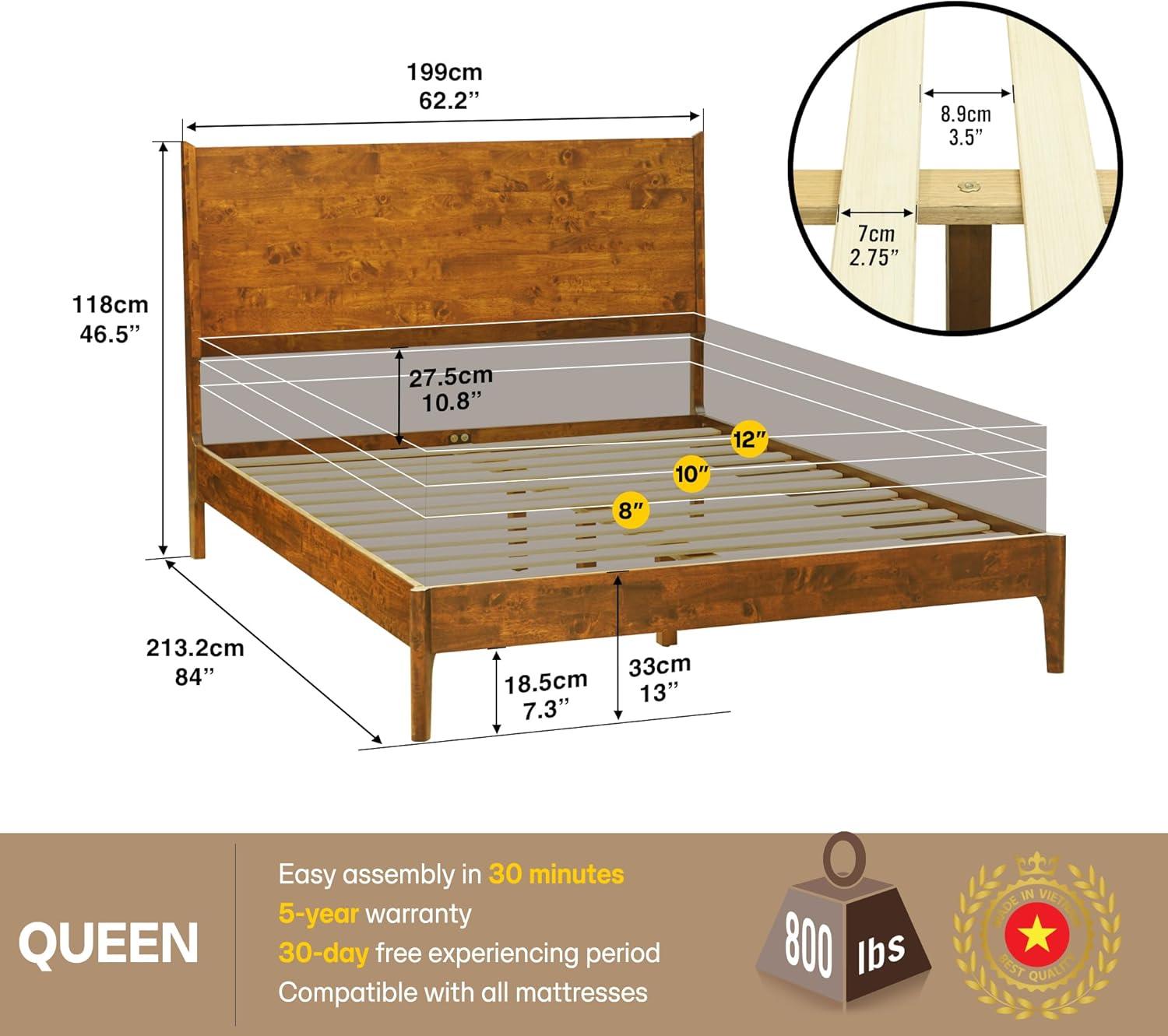 Haven Solid Wood Bed Frame with Headboard, Scandinavian Platform BedAll Mattress Support, 800 lbs Capacity, 5 Years Warranty