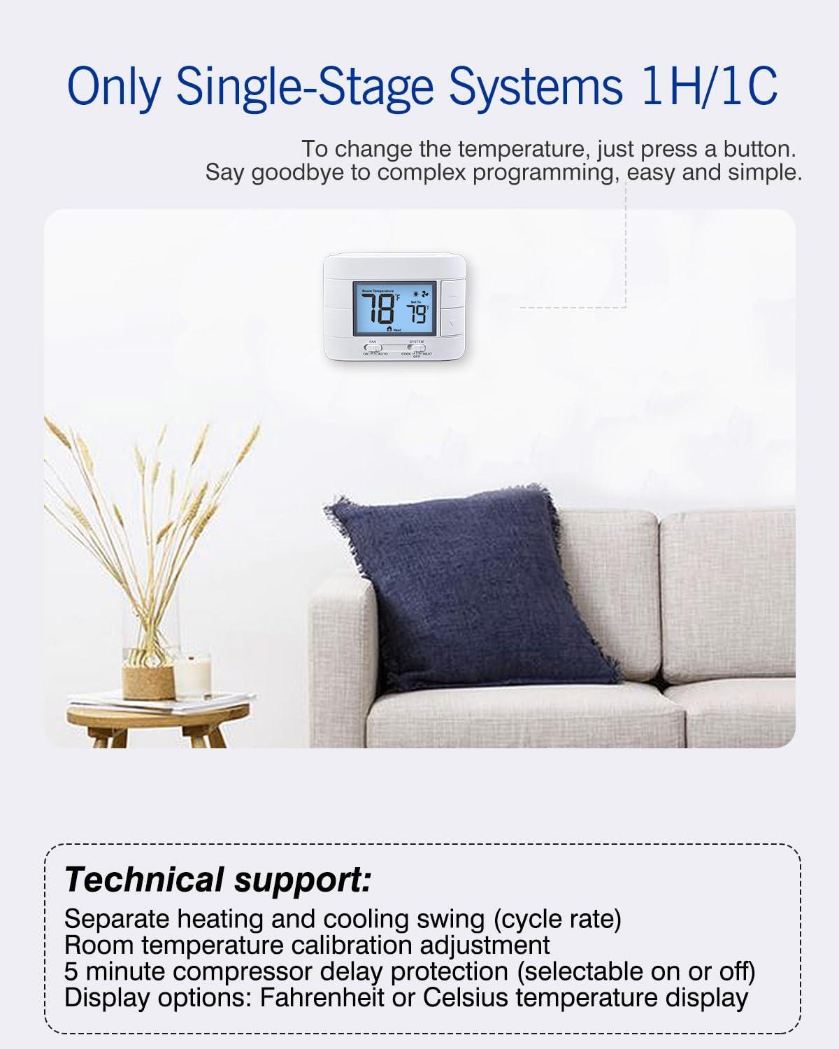 Non Programmable Thermostat for Home 1 Heat/ 1 Cool Single-Stage System, with Room Temperature Monitor (LCD White Backlit Screen)