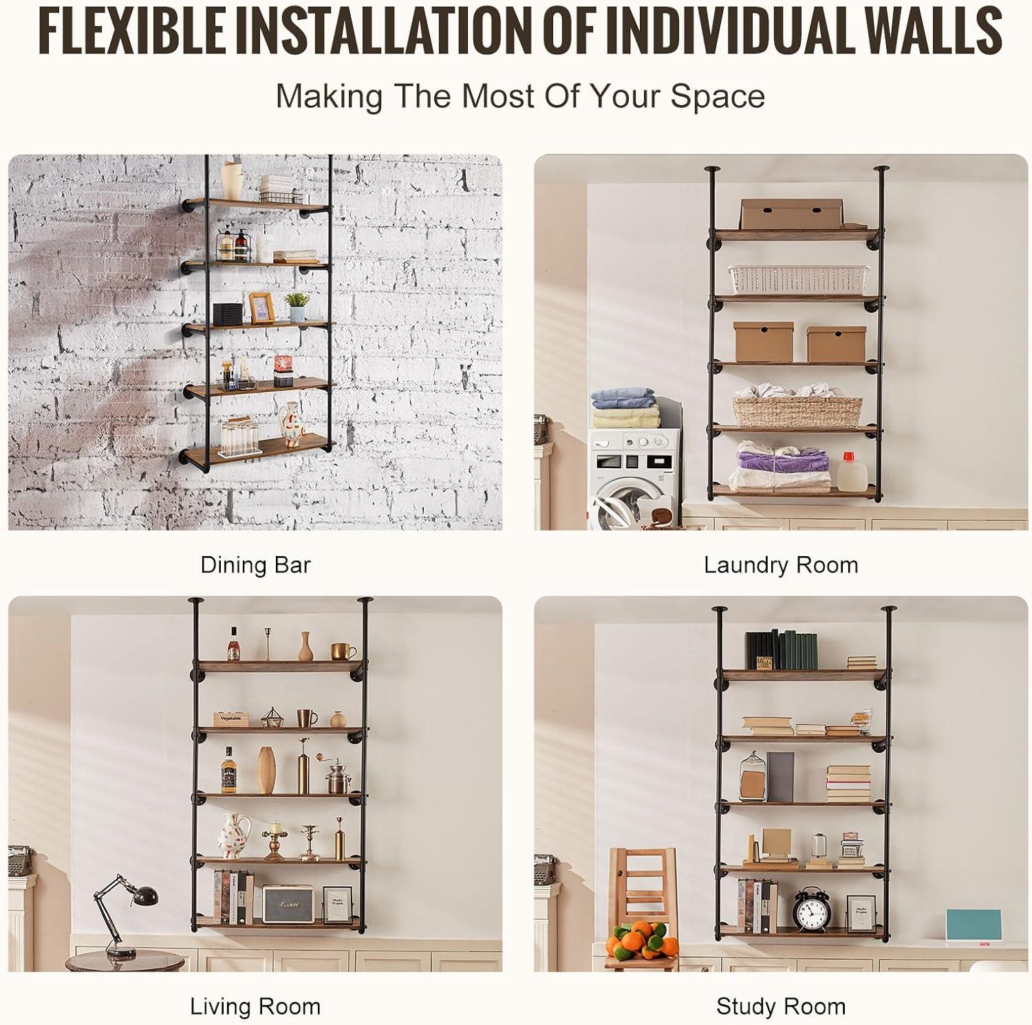 VEVOR Industrial Pipe Shelf, 5 Tier 2PCS, 9.84in Applicable Board Width Wall-Mount Floating Rustic Wood Shelves Bracket Bookshelf,Storage Holder for Kitchen Bedroom Bathroom, (Planks NOT Included)