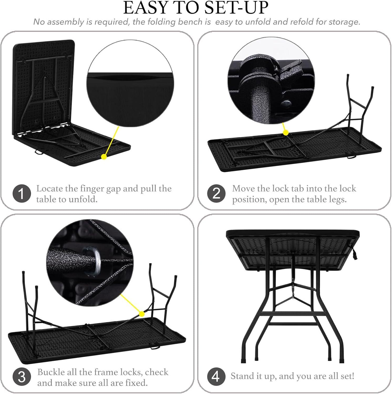 6ft Folding Table, Portable Plastic Table for Camping, Picnics, Parties, High Load Bearing Foldable Table Black