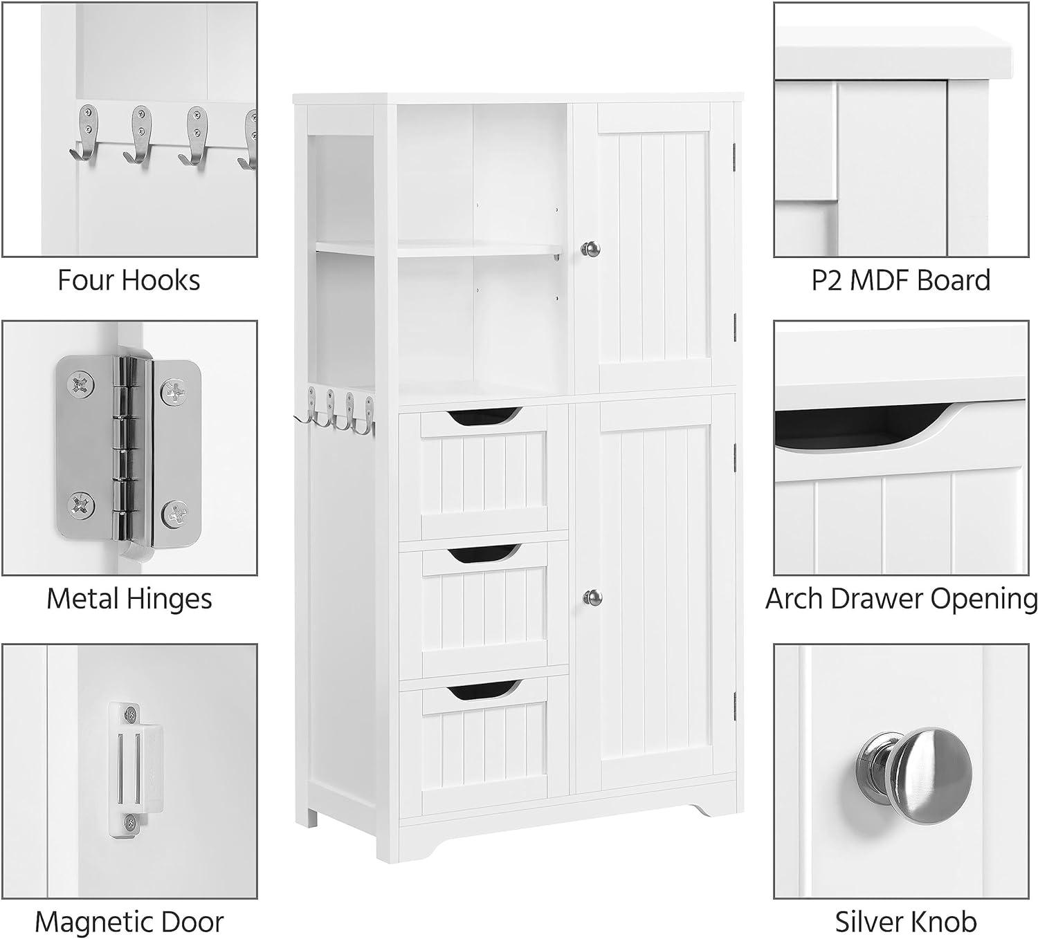 White MDF Bathroom Storage Cabinet with Adjustable Shelves and Drawers