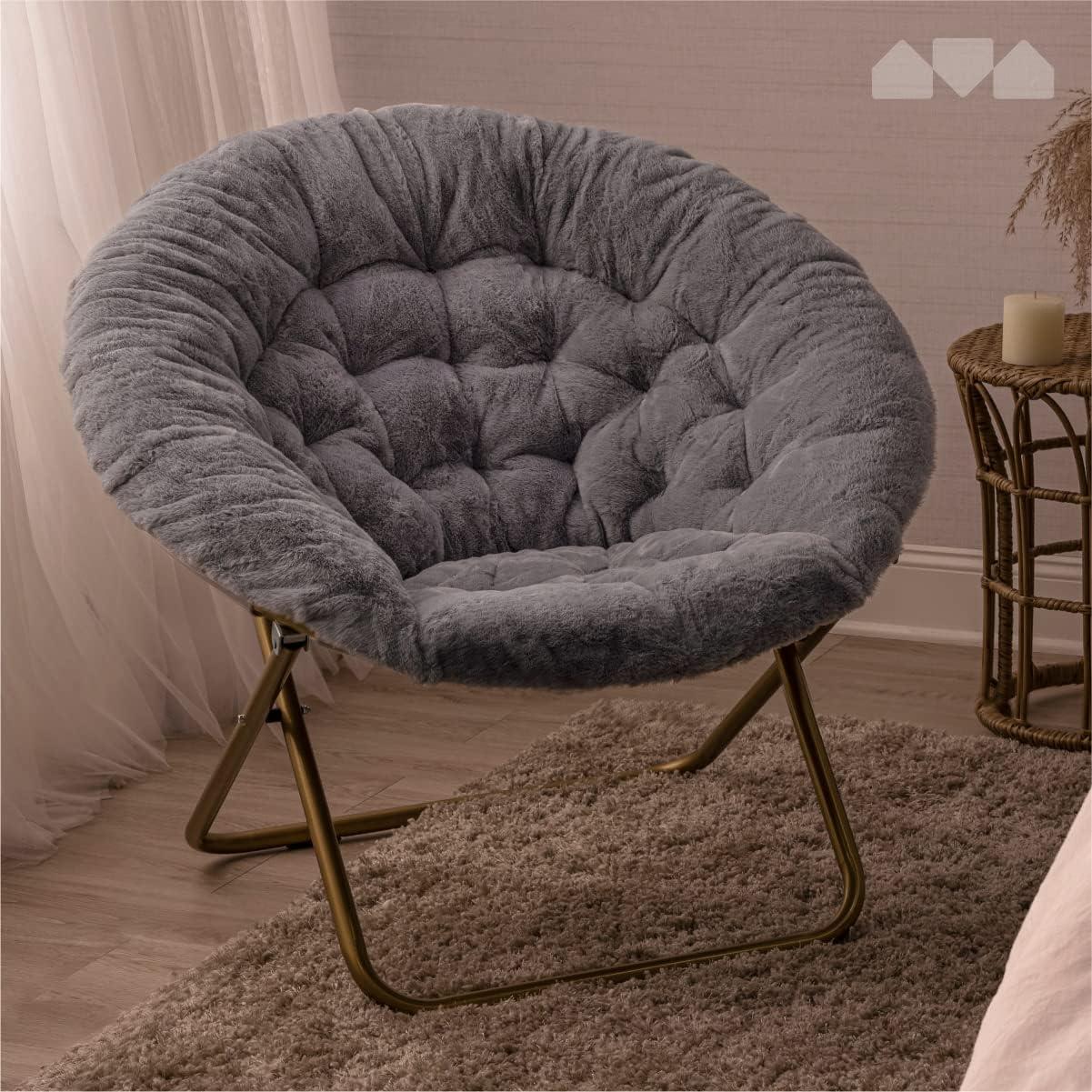 Gray Metal Papasan Accent Chair with Faux Fur Upholstery